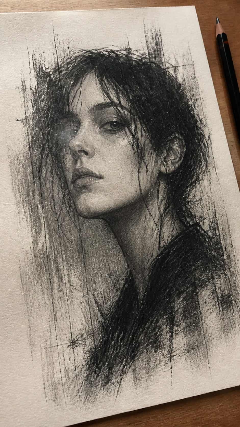 30 Grunge Drawing Ideas for Real Depth and Texture 18 Hand-drawn grunge portraits in graphite drawing on textured paper, shown in a gentle oblique desk view that shows paper tooth and — study 1