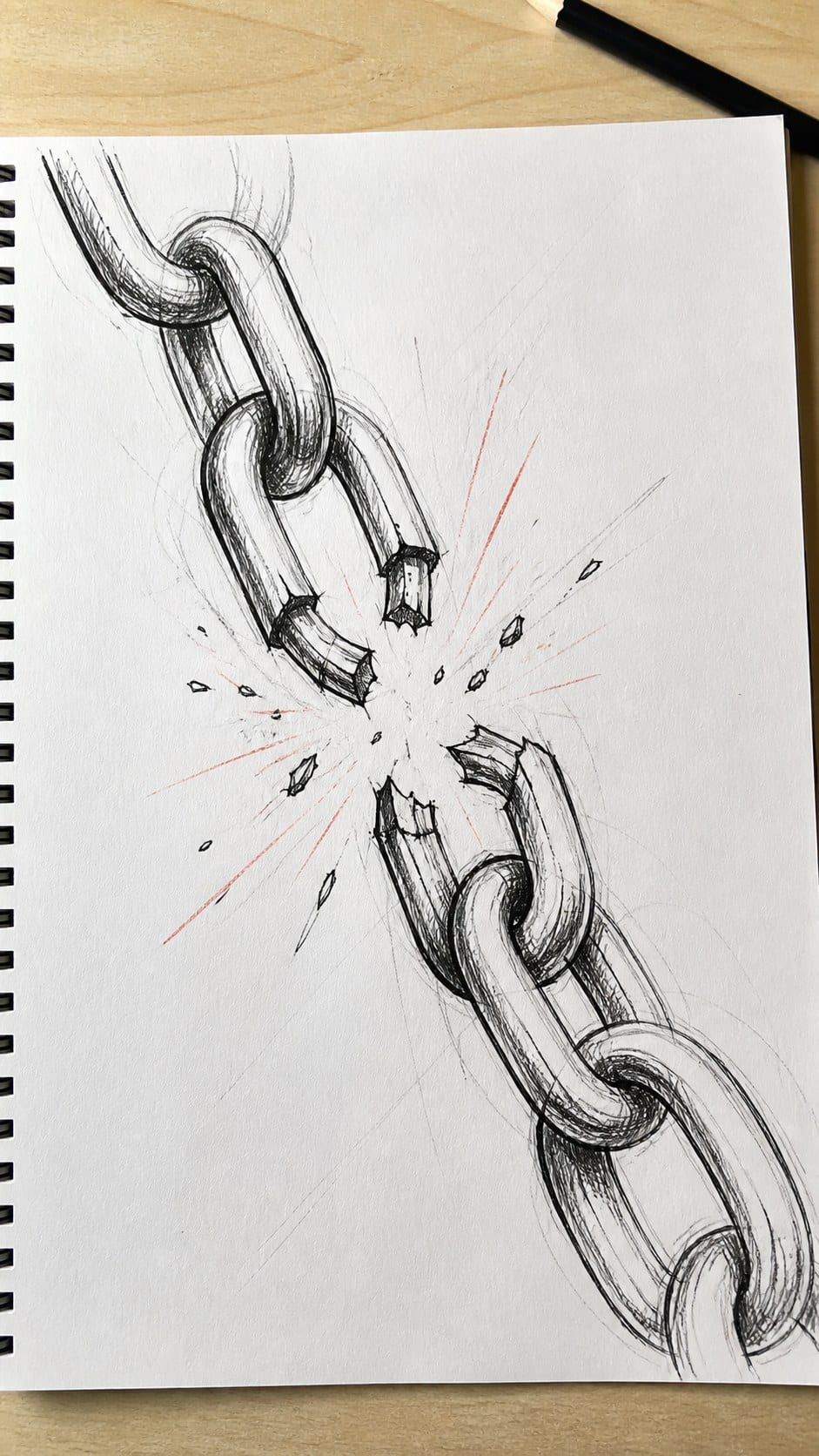 30 Grunge Drawing Ideas for Real Depth and Texture 27 Hand-drawn broken chains in mixed-media hand drawing on textured paper, shown in a close overhead crop — study 1