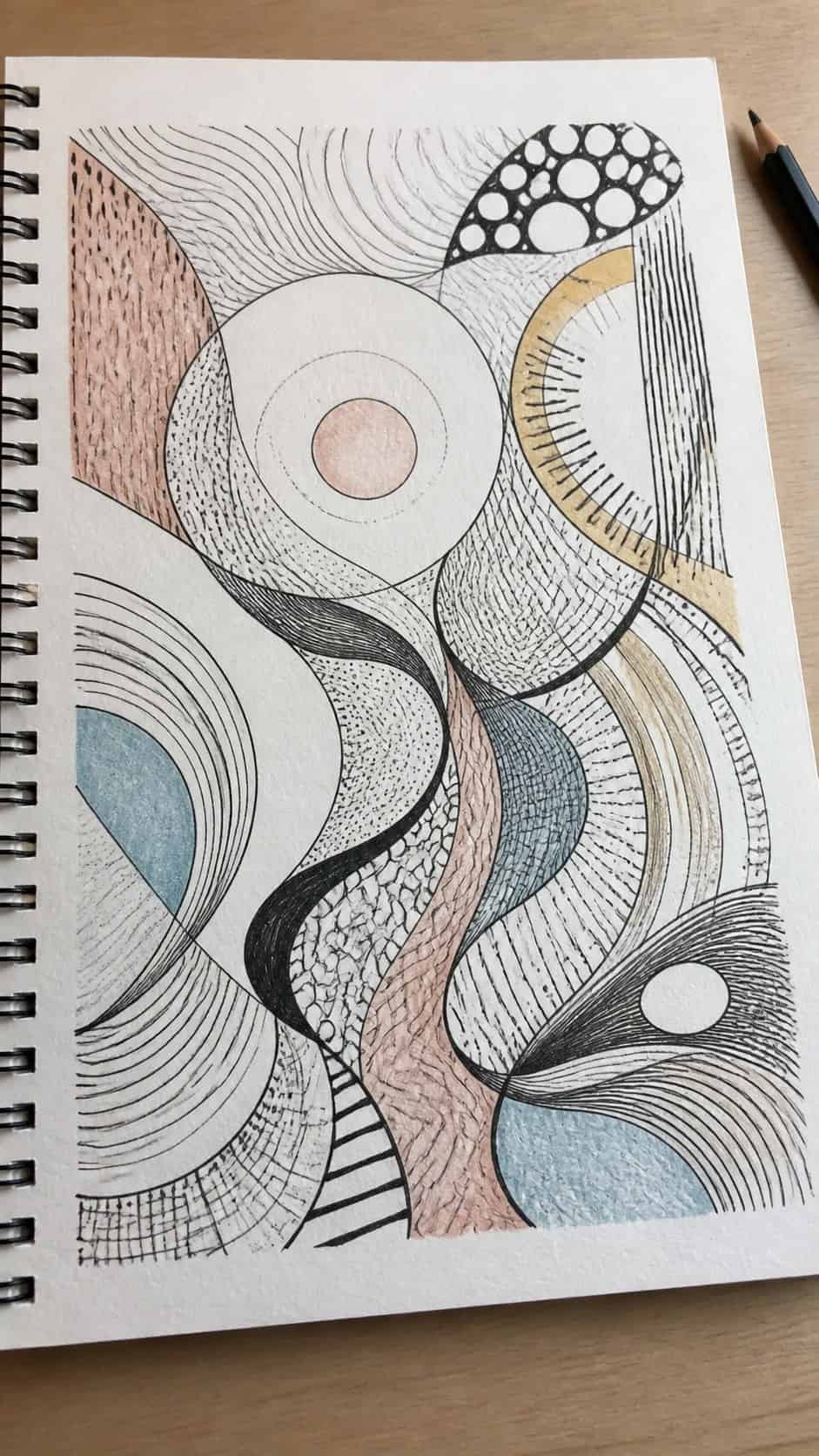 Unlocking the Artist Within: 21 Must-Try Doodle Drawing Ideas 12 Hand-drawn abstract patterns in ink and colored-pencil drawing on textured paper, shown in a slightly off-center overhead composition — study 1