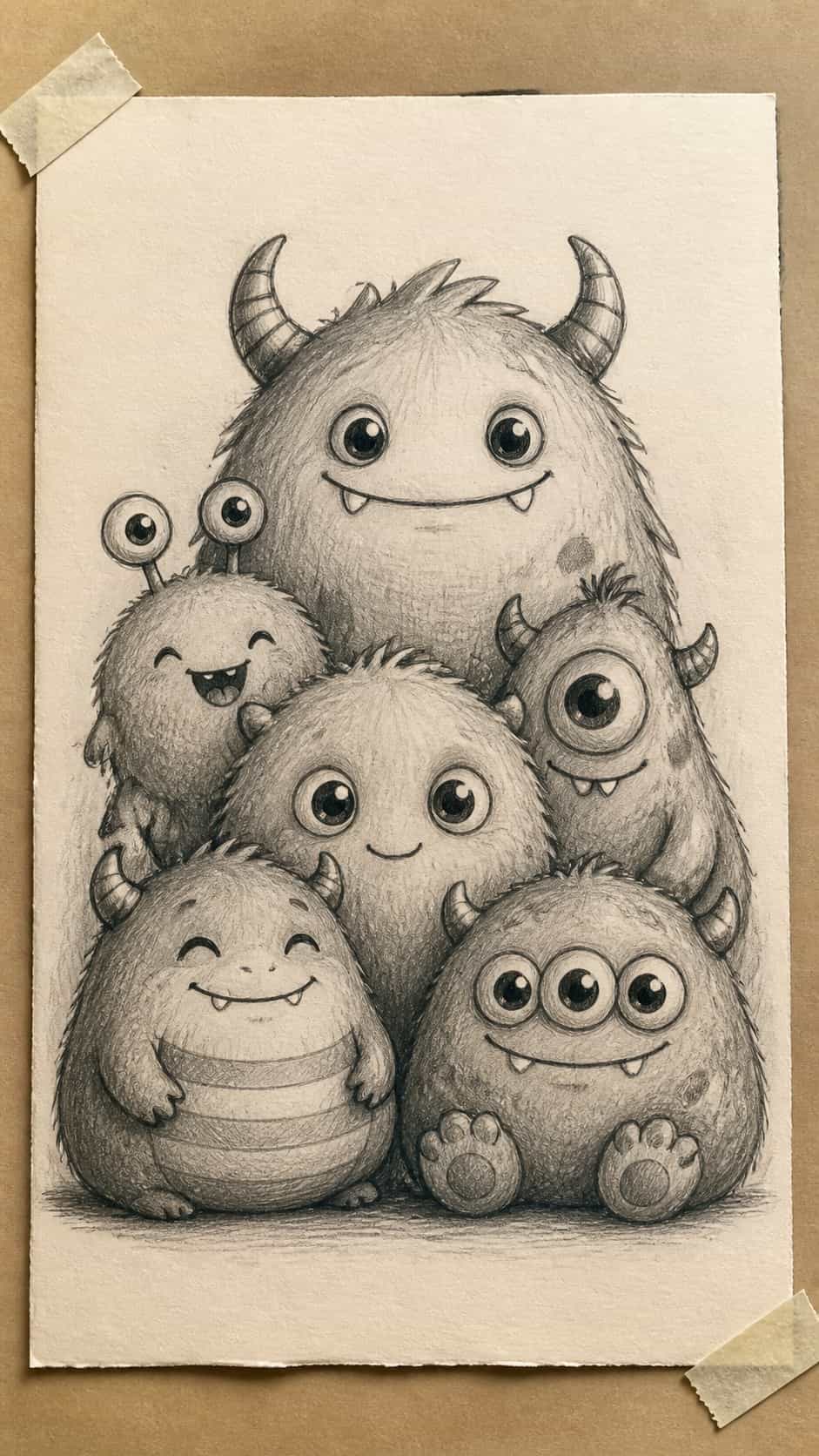 Unlocking the Artist Within: 21 Must-Try Doodle Drawing Ideas 25 Hand-drawn cute monsters in graphite drawing on textured paper, shown in a straight overhead view — study 2