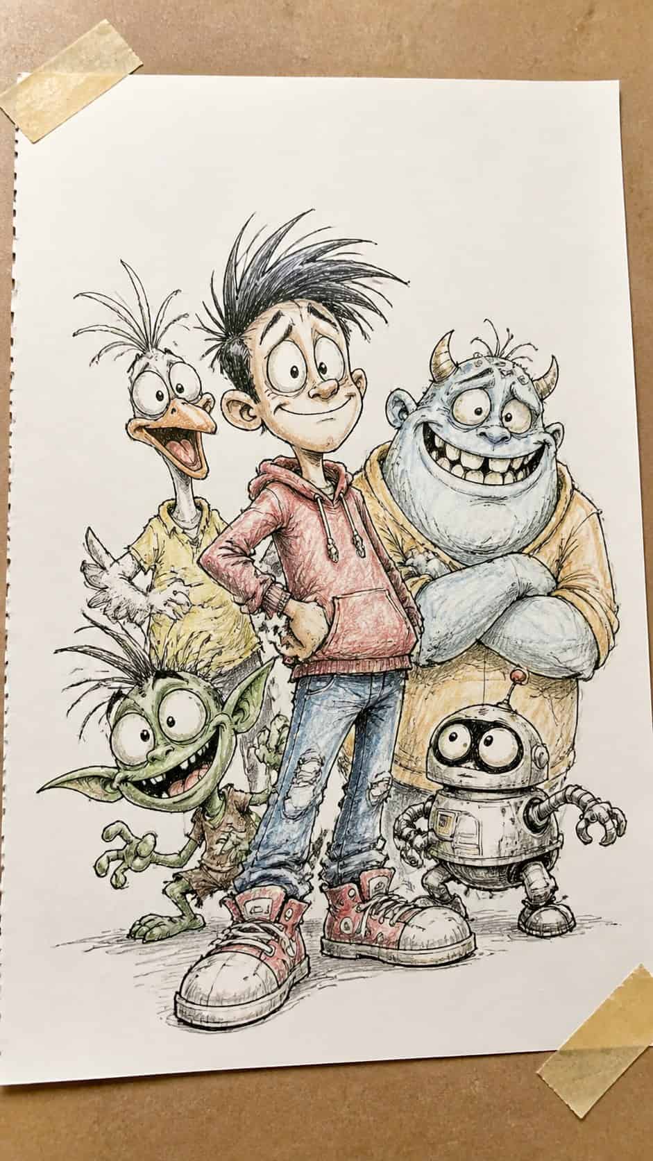 Unlocking the Artist Within: 21 Must-Try Doodle Drawing Ideas 42 Hand-drawn cartoon characters in ink and colored-pencil drawing on textured paper, shown in a slightly off-center overhead — study 1