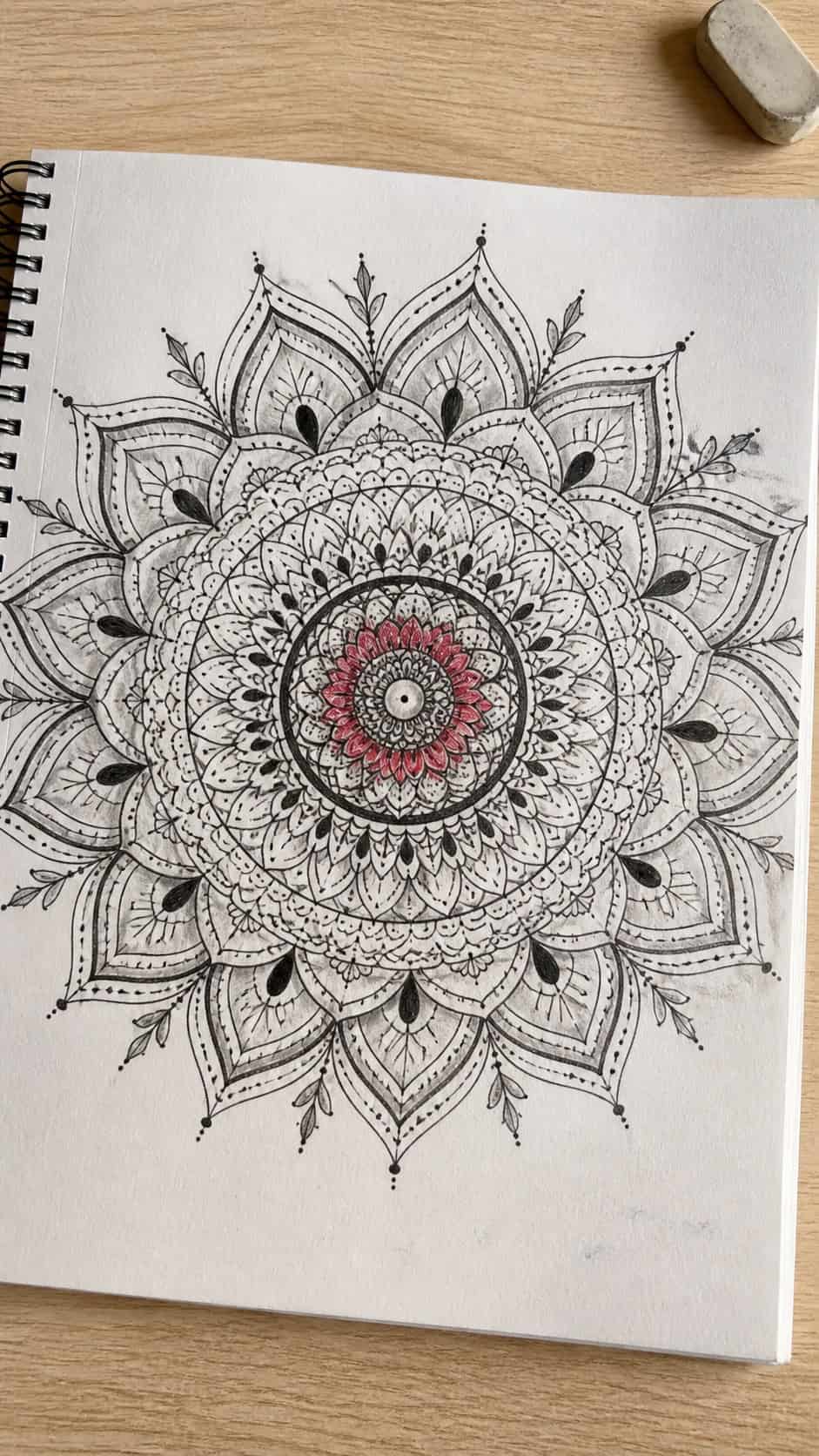 20 Challenging Drawing Ideas to Push Your Artistic Limits 3 Hand-drawn intricate mandala design in mixed-media hand drawing on textured paper, shown in a gentle oblique desk view that shows — study 2