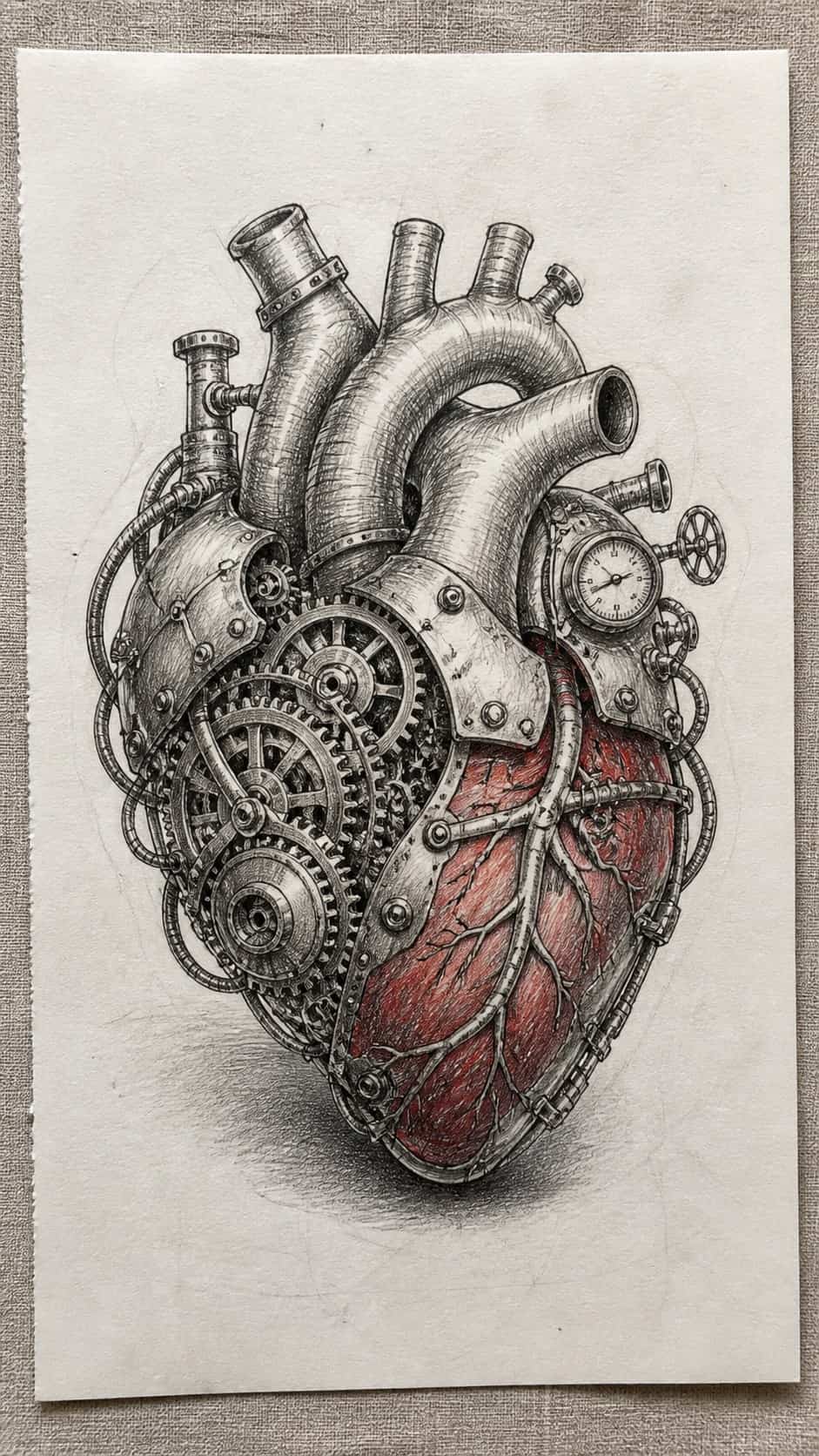 20 Challenging Drawing Ideas to Push Your Artistic Limits 6 Hand-drawn steampunk mechanical heart in mixed-media hand drawing on textured paper, shown in a straight overhead view — study 1