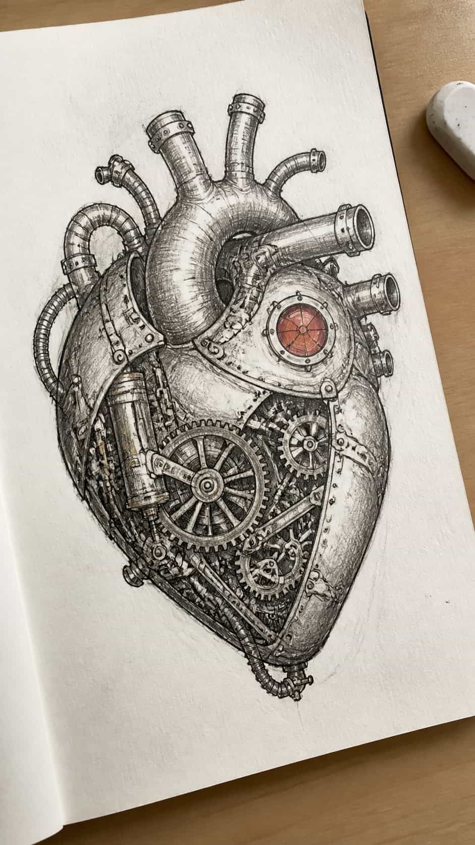 20 Challenging Drawing Ideas to Push Your Artistic Limits 7 Hand-drawn steampunk mechanical heart in mixed-media hand drawing on textured paper, shown in a gentle oblique desk view that shows — study 2