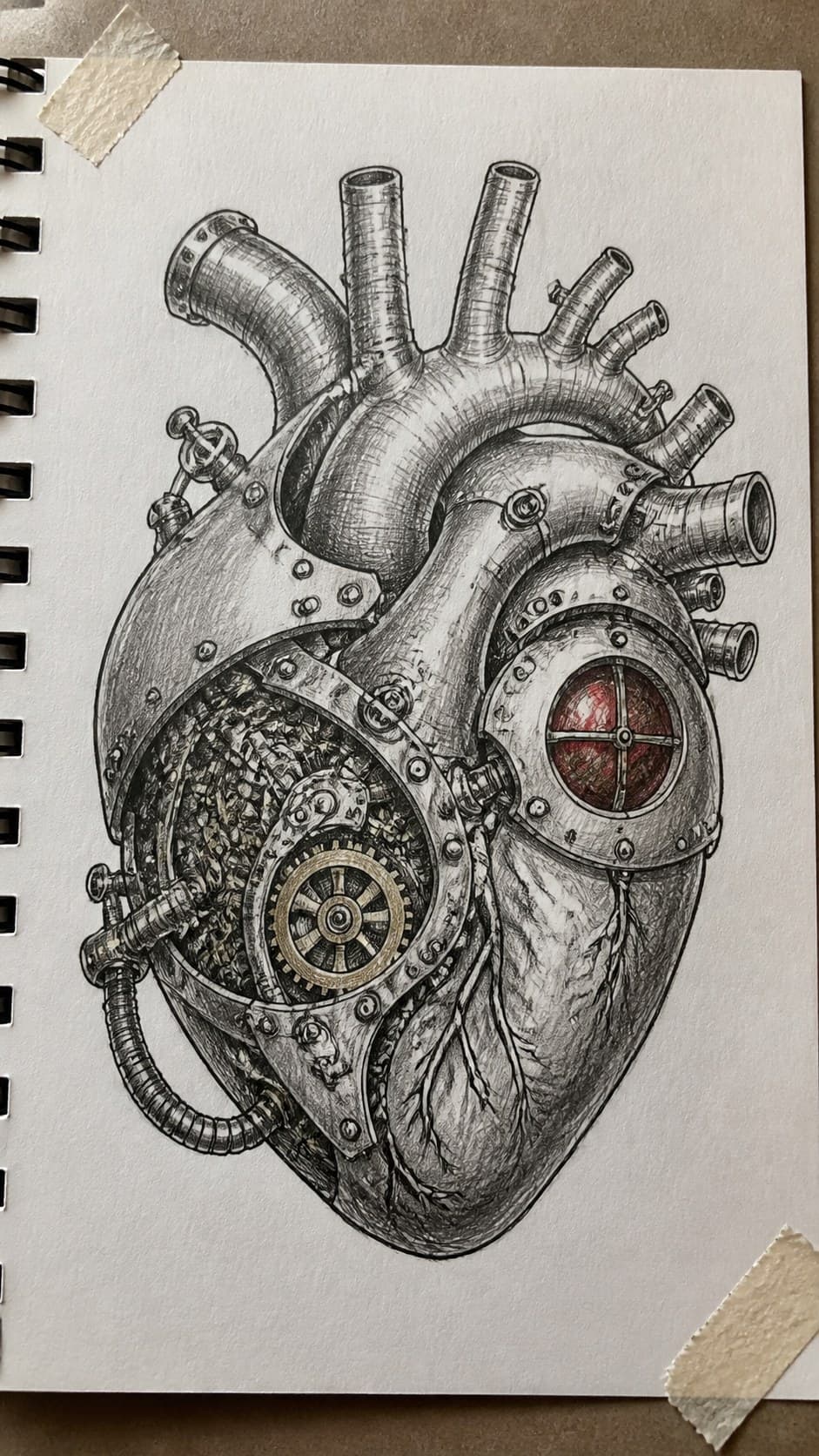 20 Challenging Drawing Ideas to Push Your Artistic Limits 8 Hand-drawn steampunk mechanical heart in mixed-media hand drawing on textured paper, shown in a close overhead crop — study 3