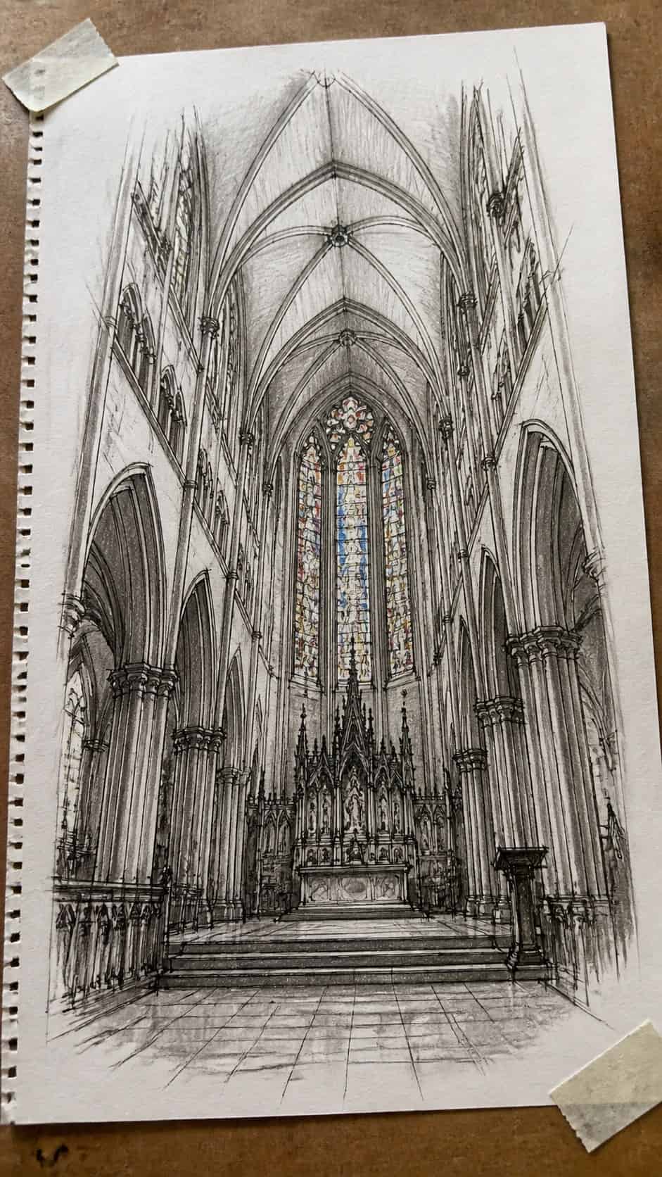 20 Challenging Drawing Ideas to Push Your Artistic Limits 9 Hand-drawn gothic cathedral interior in mixed-media hand drawing on textured paper, shown in a gentle oblique desk view that shows — study 1