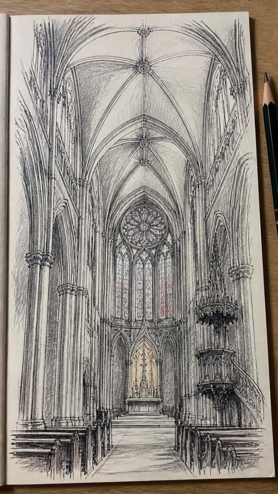 20 Challenging Drawing Ideas to Push Your Artistic Limits 10 Hand-drawn gothic cathedral interior in mixed-media hand drawing on textured paper, shown in a close overhead crop — study 2