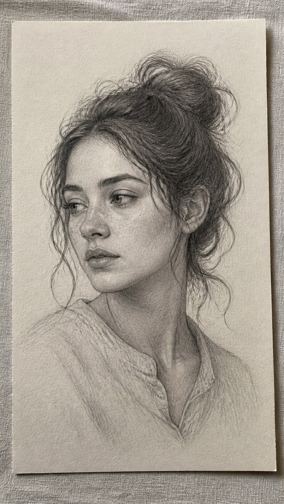 20 Challenging Drawing Ideas to Push Your Artistic Limits 11 Hand-drawn portrait with detailed hair in graphite drawing on textured paper, shown in a slightly off-center overhead composition — study 1