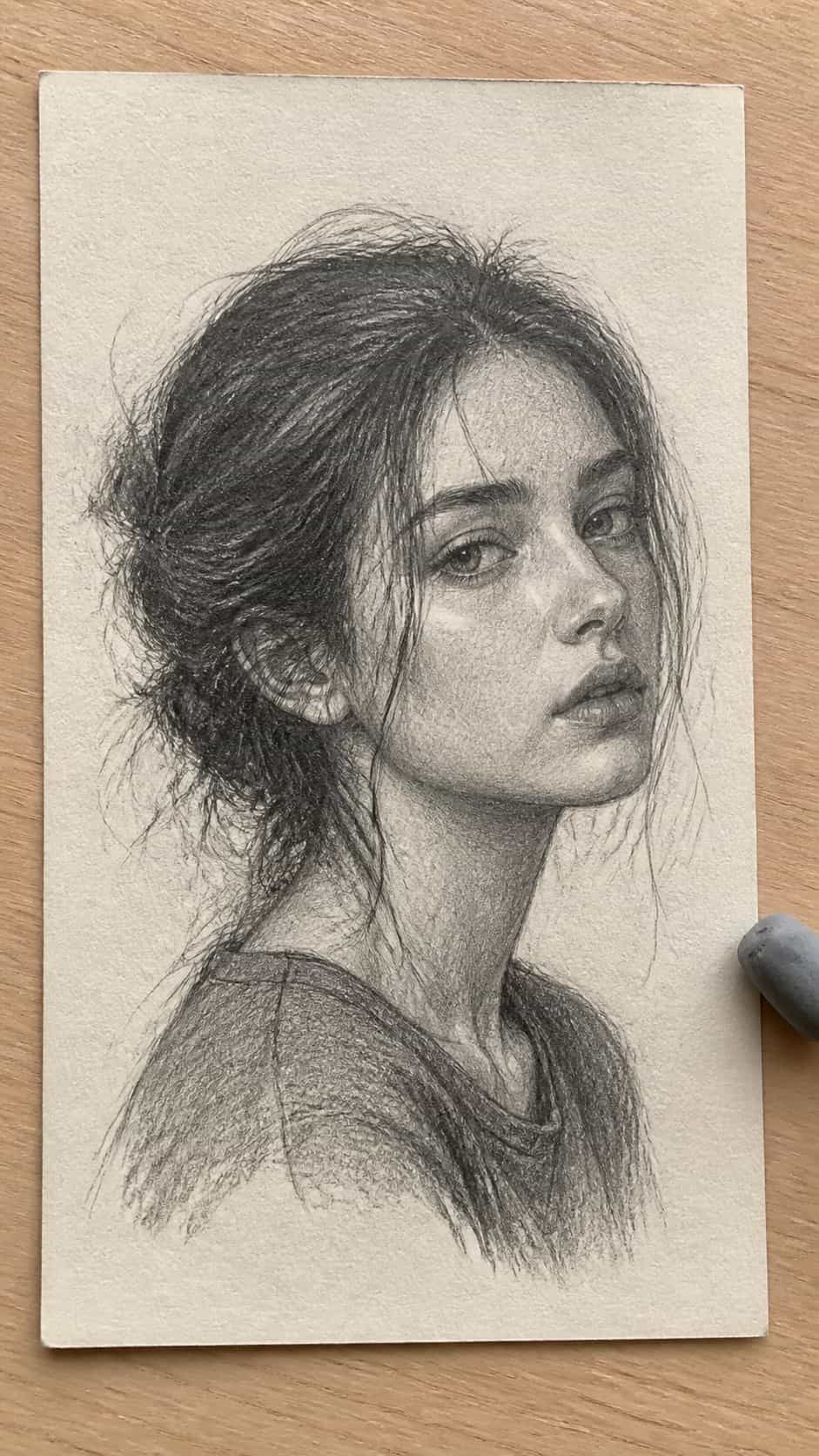 20 Challenging Drawing Ideas to Push Your Artistic Limits 12 Hand-drawn portrait with detailed hair in graphite drawing on textured paper, shown in a straight overhead view — study 2