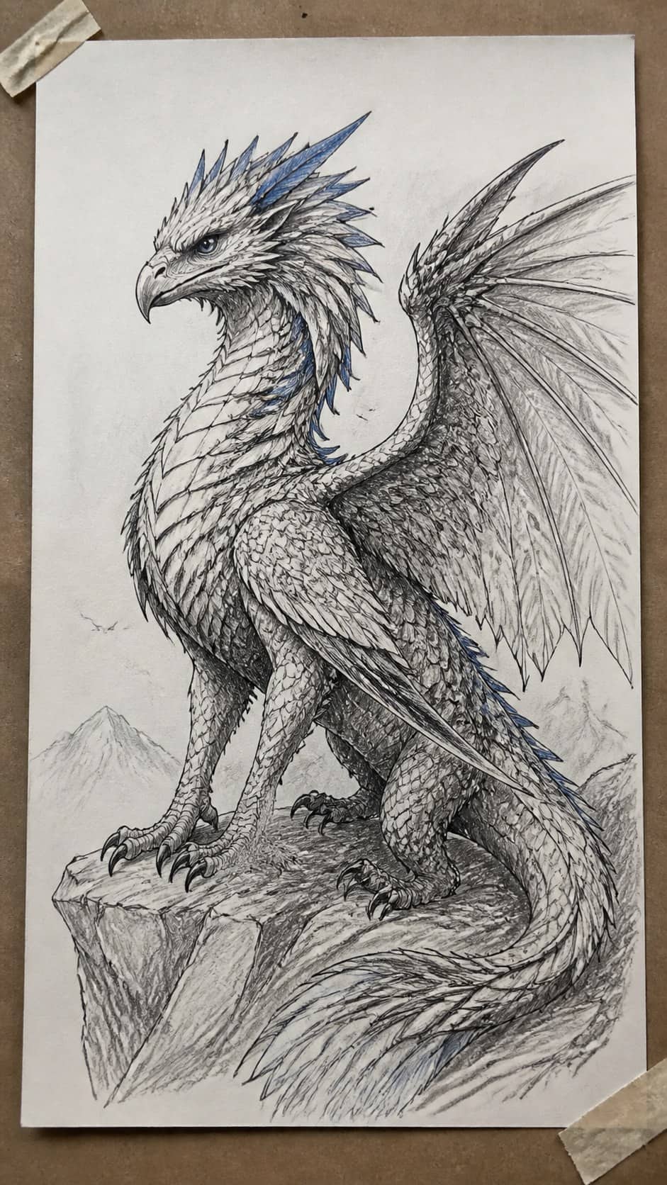 20 Challenging Drawing Ideas to Push Your Artistic Limits 14 Hand-drawn fantasy creature with scales and feathers in mixed-media hand drawing on textured paper, shown in a straight overhead view — study 2