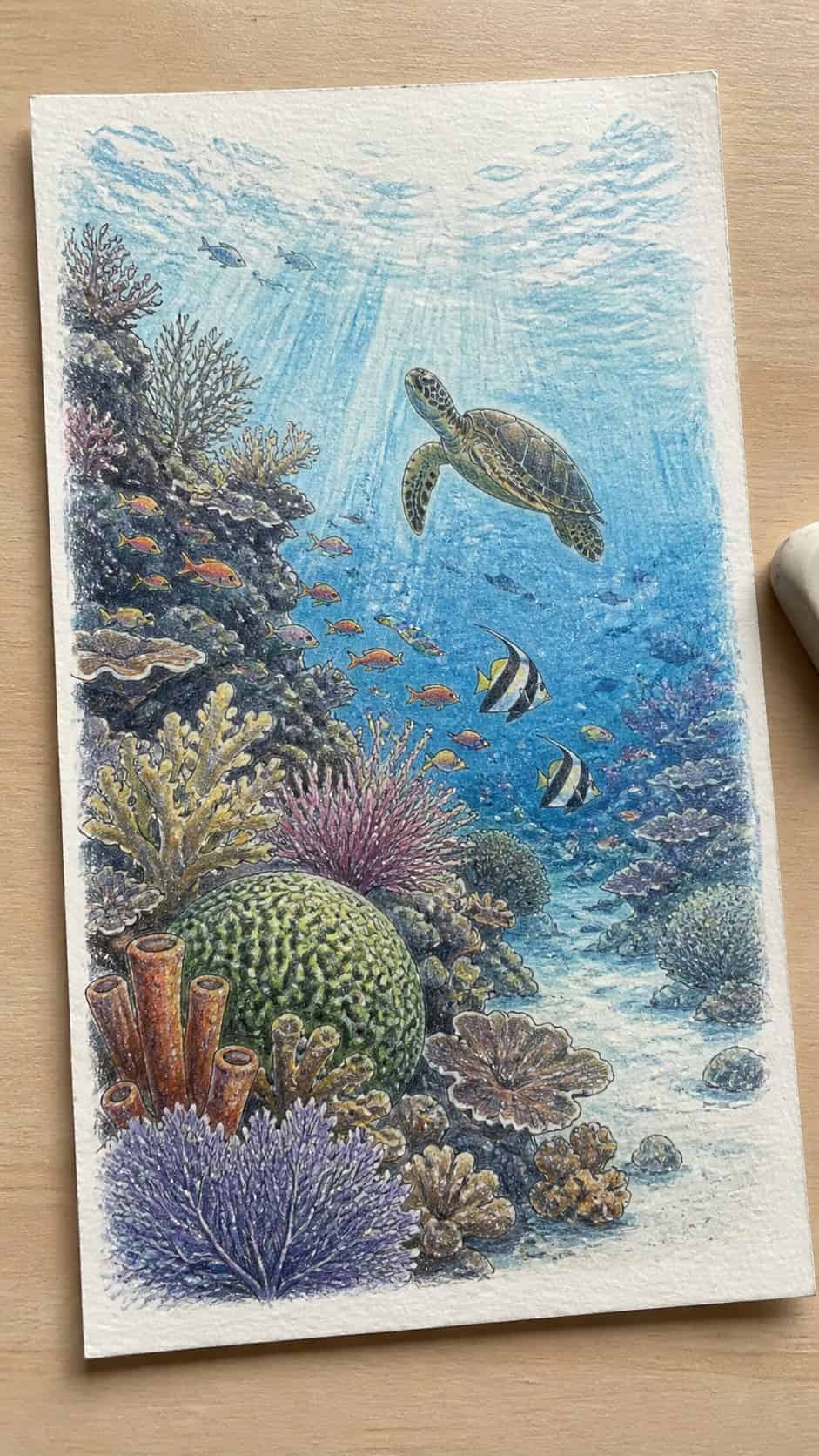 20 Challenging Drawing Ideas to Push Your Artistic Limits 16 Hand-drawn underwater coral reef scene in colored-pencil and gouache drawing on textured paper, shown in a slightly off-center — study 2