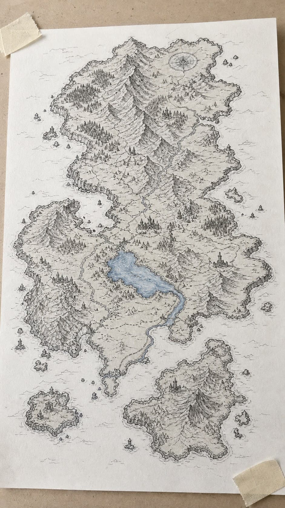 20 Challenging Drawing Ideas to Push Your Artistic Limits 17 Hand-drawn detailed map of an imaginary world in mixed-media hand drawing on textured paper, shown in a slightly off-center overhead — study 1