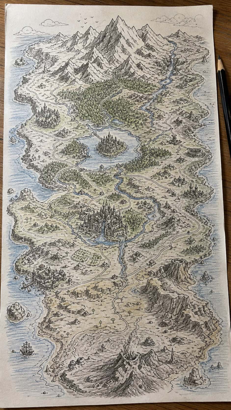 20 Challenging Drawing Ideas to Push Your Artistic Limits 18 Hand-drawn detailed map of an imaginary world in mixed-media hand drawing on textured paper, shown in a straight overhead view — study 2