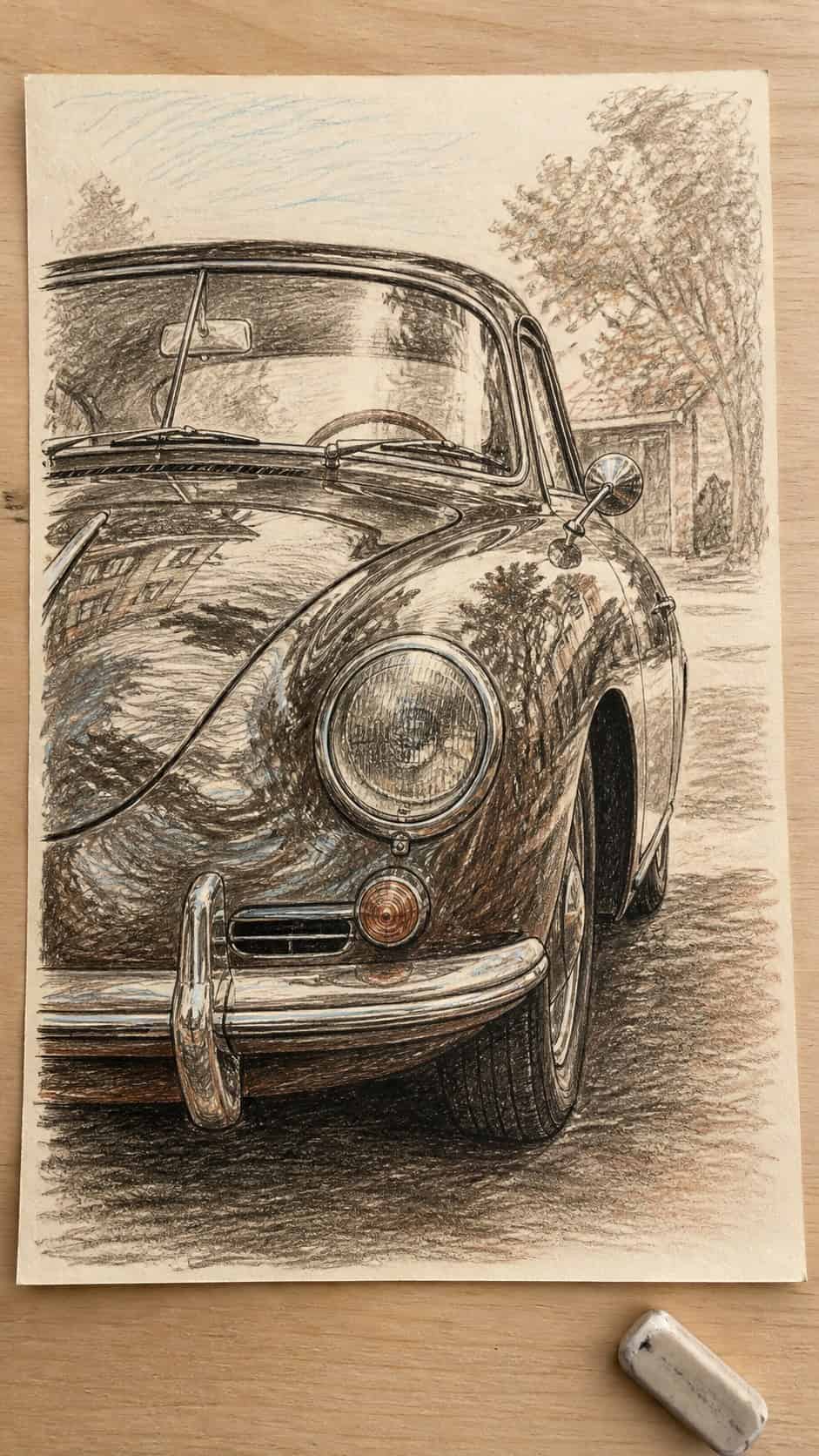 20 Challenging Drawing Ideas to Push Your Artistic Limits 19 Hand-drawn vintage car with reflections in sepia ink drawing on textured paper, shown in a straight overhead view — study 1