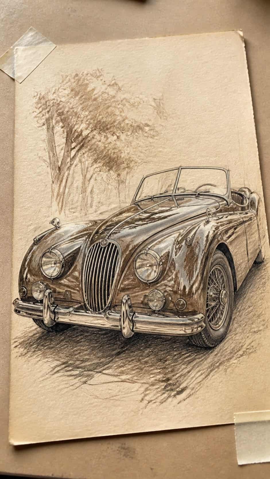 20 Challenging Drawing Ideas to Push Your Artistic Limits 20 Hand-drawn vintage car with reflections in sepia ink drawing on textured paper, shown in a gentle oblique desk view that shows paper — study 2