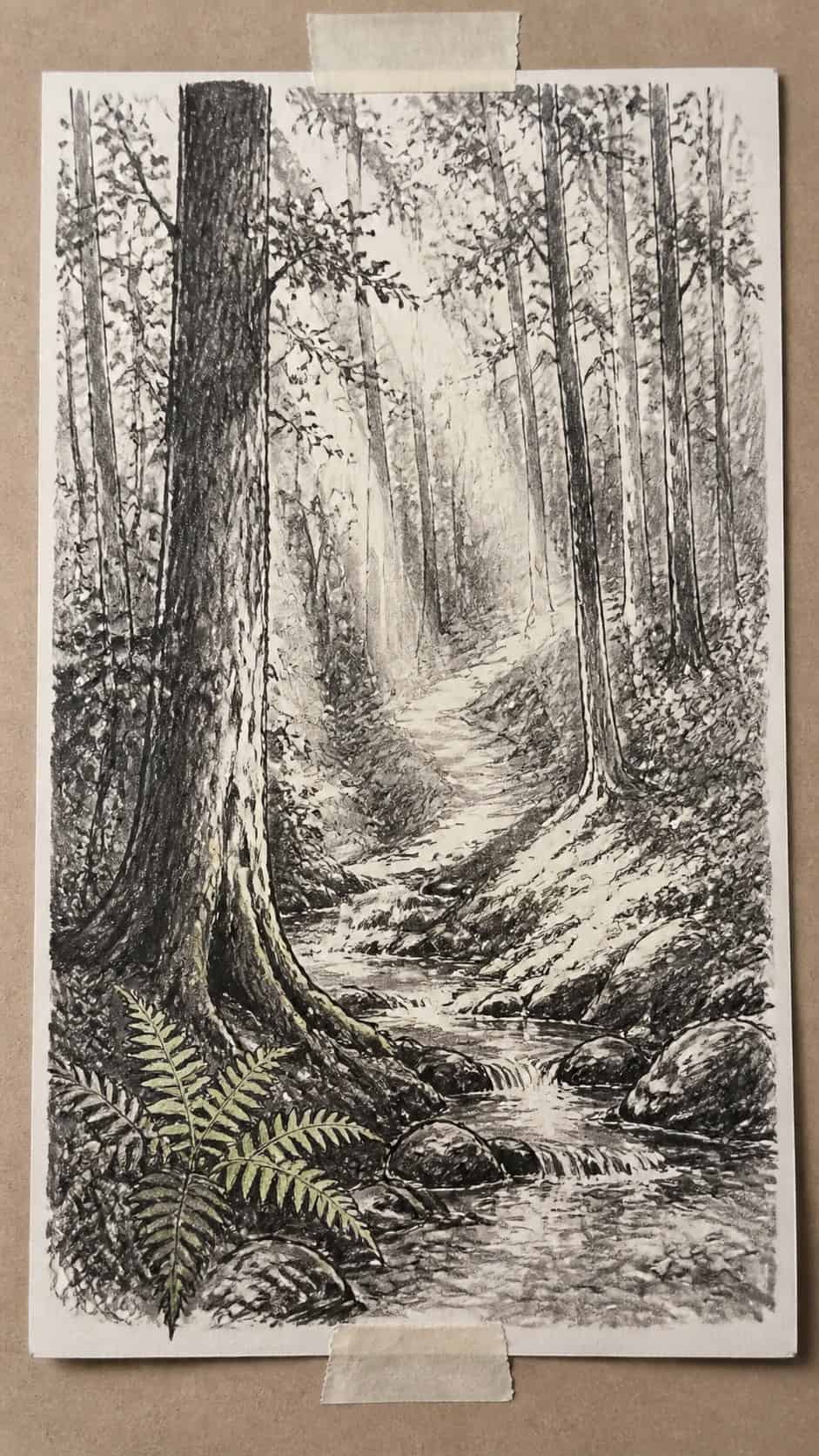 20 Challenging Drawing Ideas to Push Your Artistic Limits 21 Hand-drawn forest scene with dappled light in mixed-media hand drawing on textured paper, shown in a straight overhead view — study 1