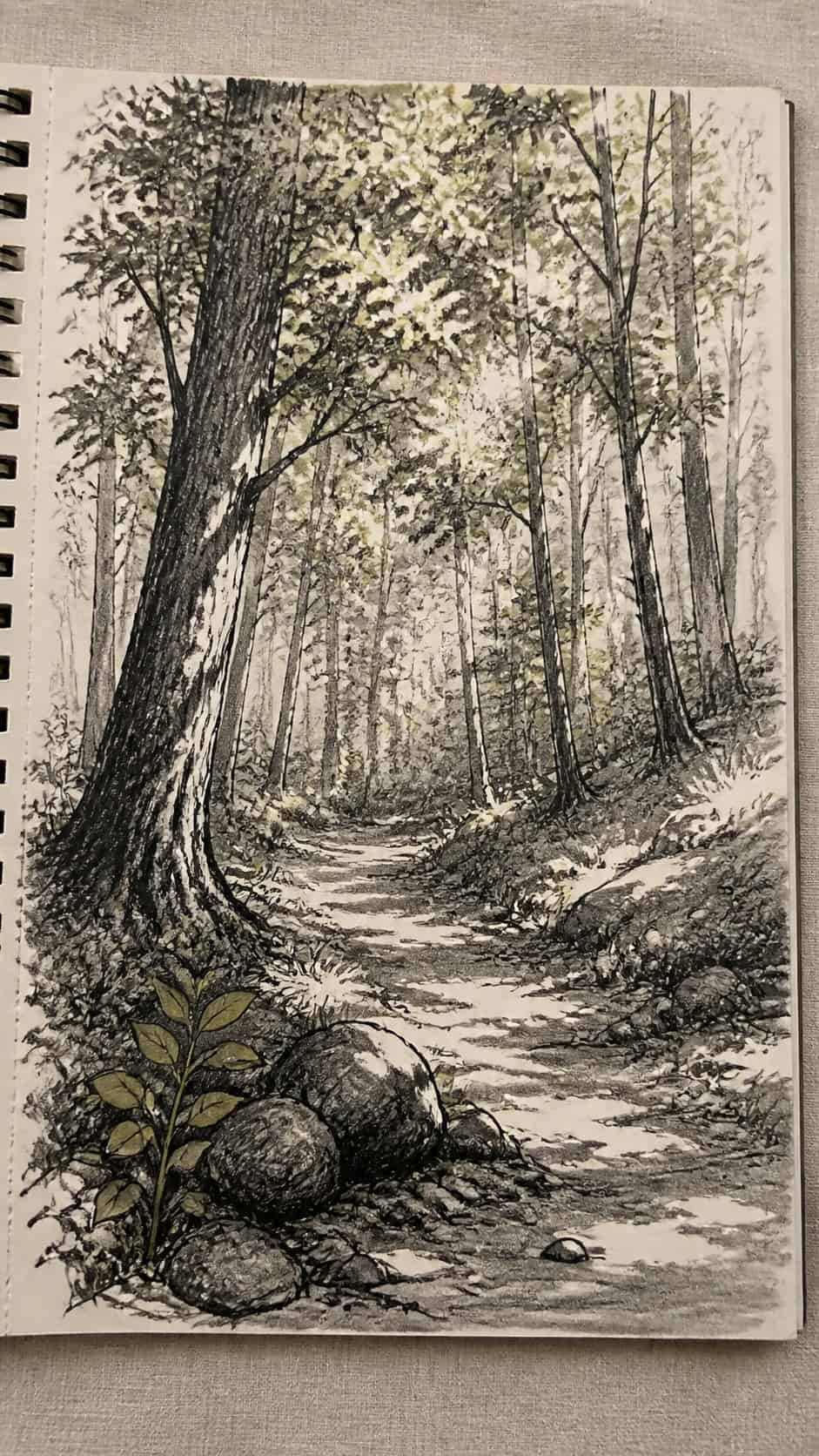20 Challenging Drawing Ideas to Push Your Artistic Limits 23 Hand-drawn forest scene with dappled light in mixed-media hand drawing on textured paper, shown in a close overhead crop — study 3