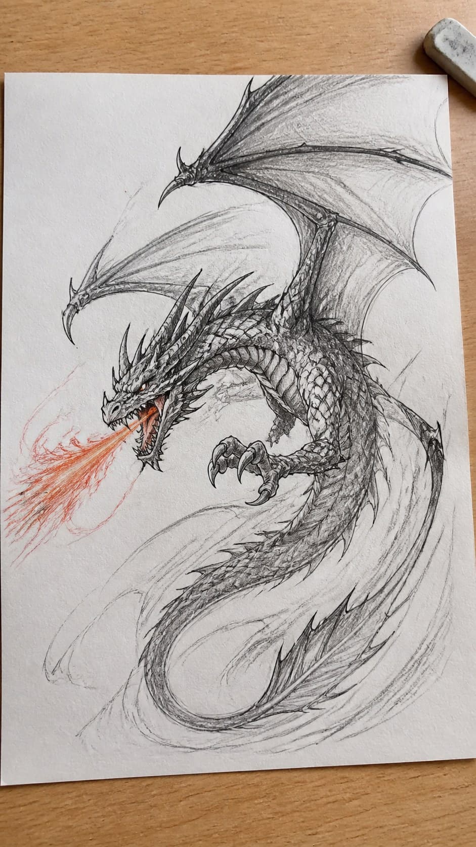 20 Challenging Drawing Ideas to Push Your Artistic Limits 25 Hand-drawn dragon in motion in mixed-media hand drawing on textured paper, shown in a slightly off-center overhead composition, like — study 2