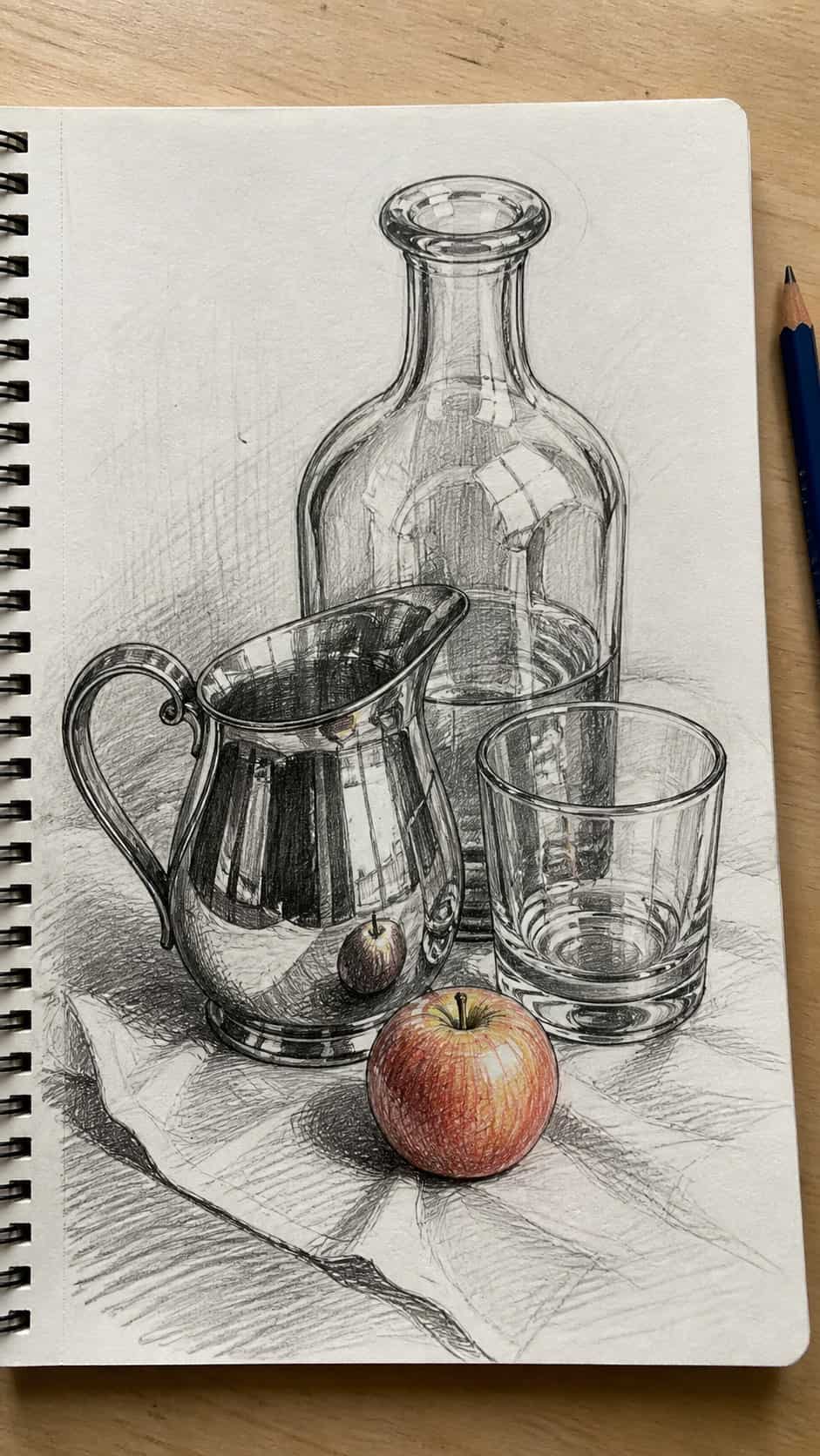 20 Challenging Drawing Ideas to Push Your Artistic Limits 26 Hand-drawn still life with reflective objects in mixed-media hand drawing on textured paper, shown in a close overhead crop — study 1