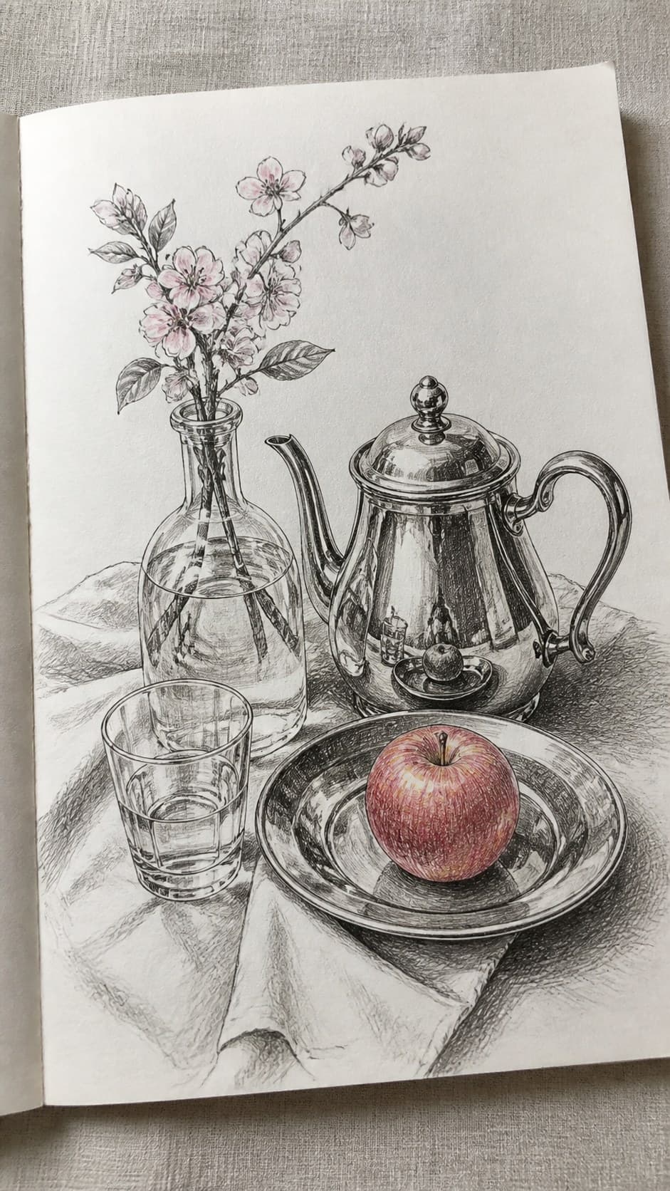 20 Challenging Drawing Ideas to Push Your Artistic Limits 27 Hand-drawn still life with reflective objects in mixed-media hand drawing on textured paper, shown in a slightly off-center overhead — study 2