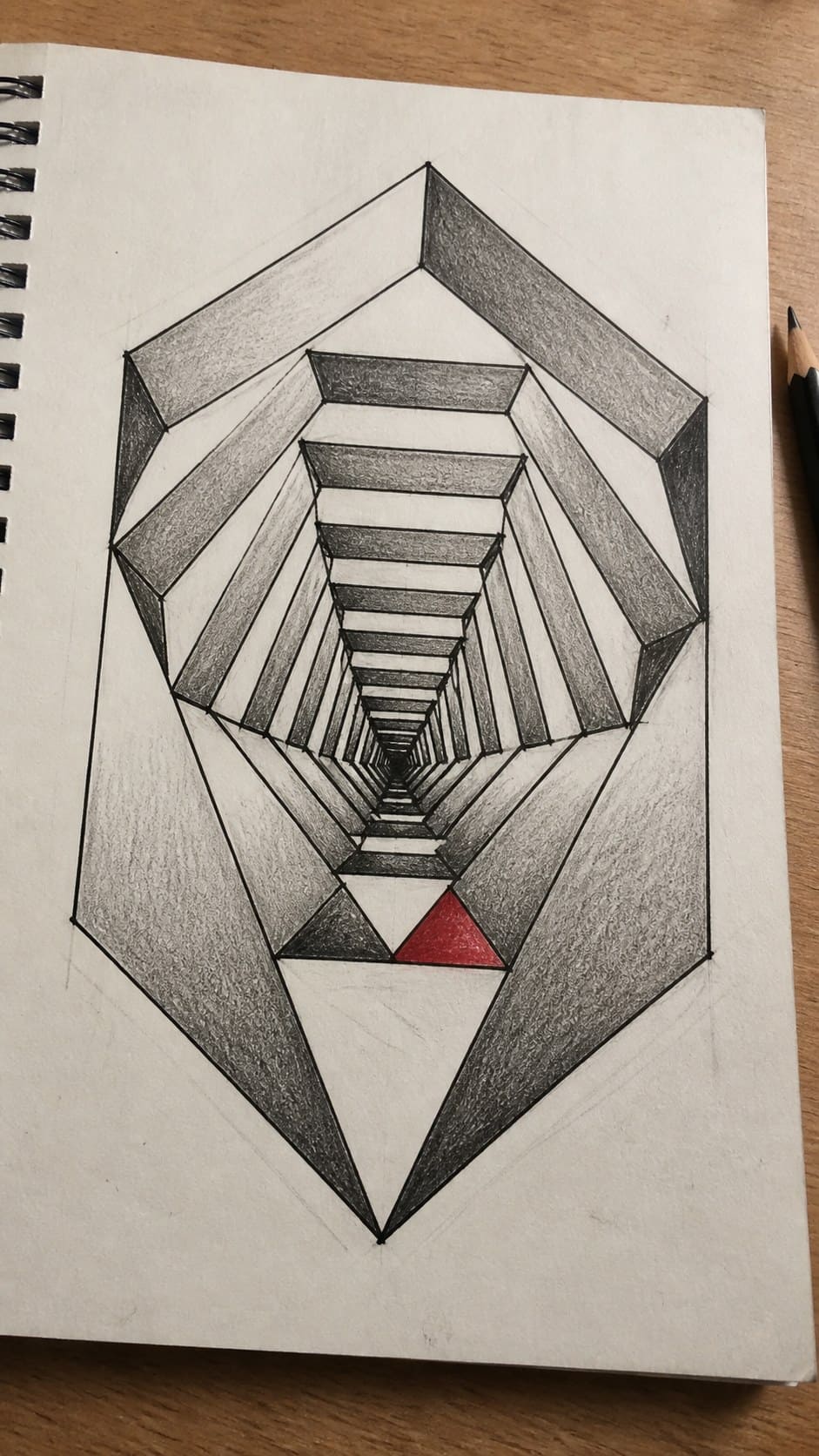 20 Challenging Drawing Ideas to Push Your Artistic Limits 28 Hand-drawn geometric pattern with optical illusion in mixed-media hand drawing on textured paper, shown in a close overhead crop — study 1