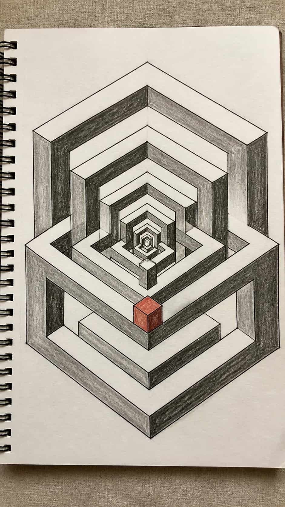 20 Challenging Drawing Ideas to Push Your Artistic Limits 29 Hand-drawn geometric pattern with optical illusion in mixed-media hand drawing on textured paper, shown in a slightly off-center — study 2