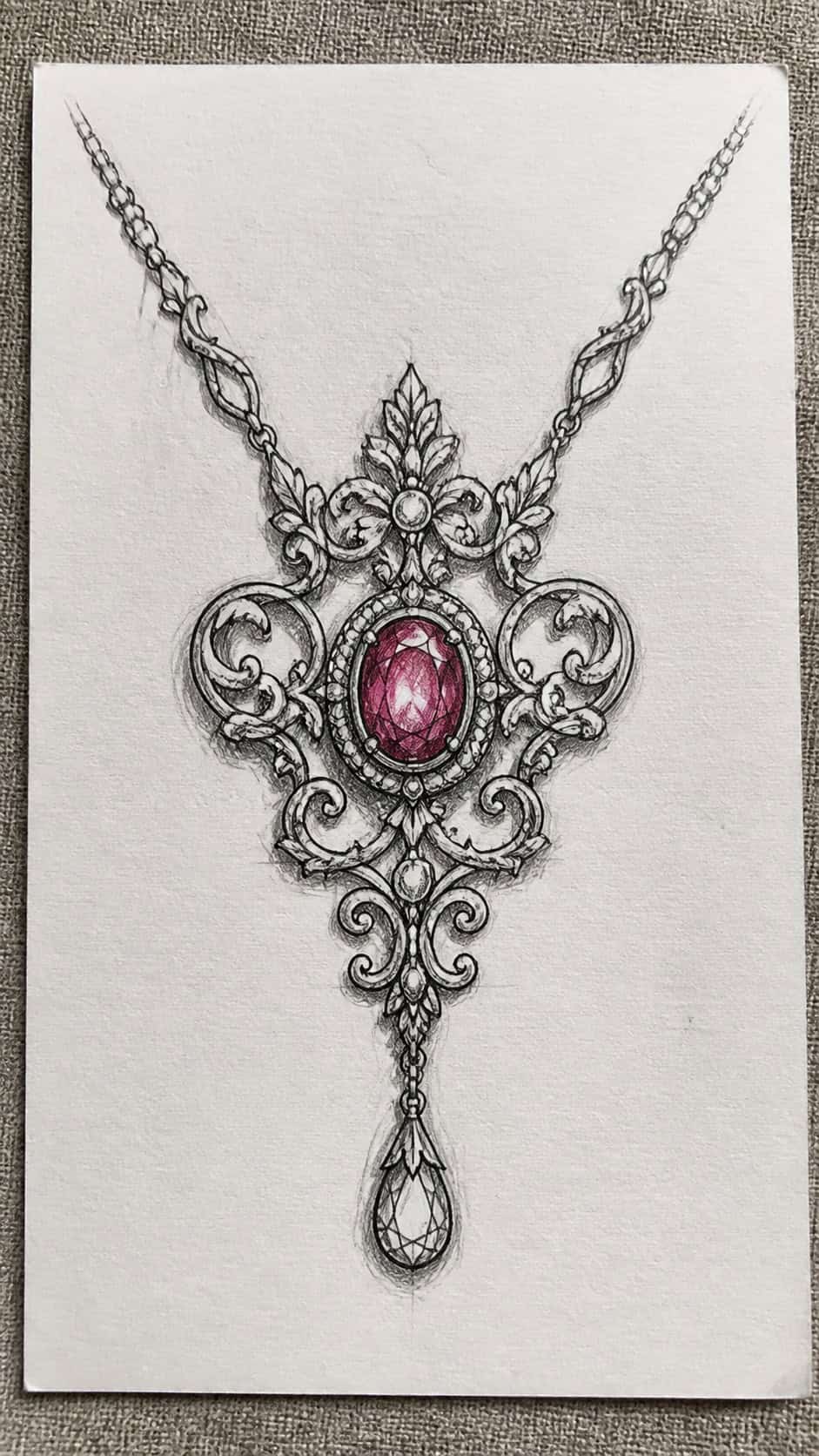 20 Challenging Drawing Ideas to Push Your Artistic Limits 30 Hand-drawn ornate jewelry piece in mixed-media hand drawing on textured paper, shown in a straight overhead view — study 1