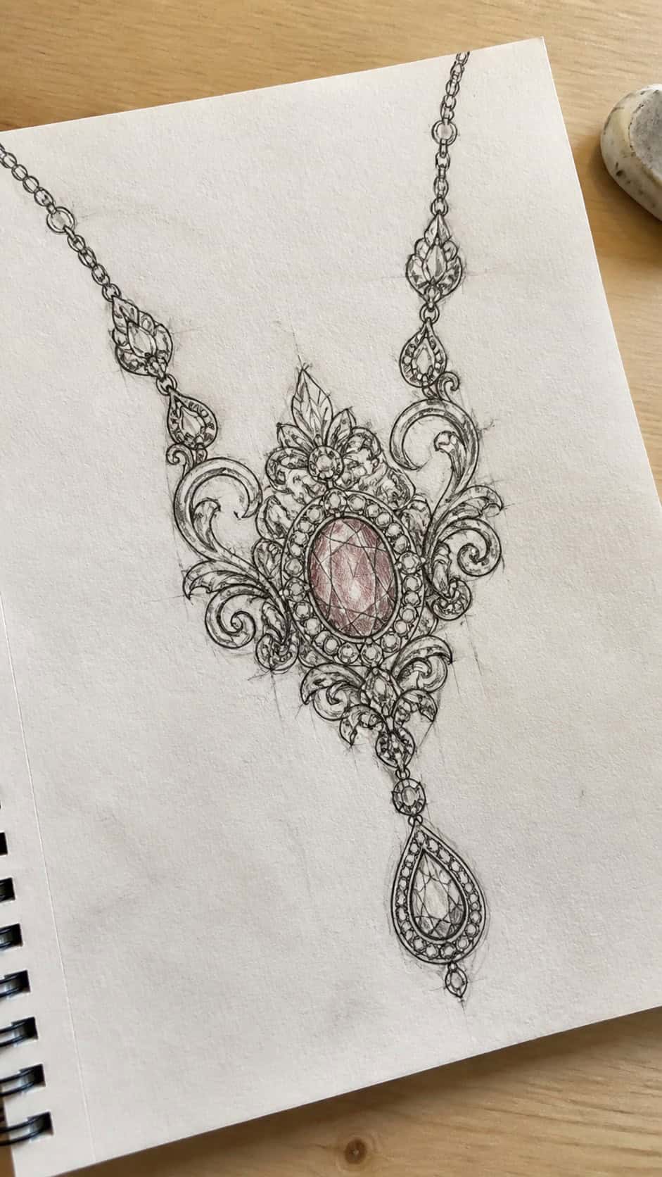 20 Challenging Drawing Ideas to Push Your Artistic Limits 31 Hand-drawn ornate jewelry piece in mixed-media hand drawing on textured paper, shown in a gentle oblique desk view that shows paper — study 2