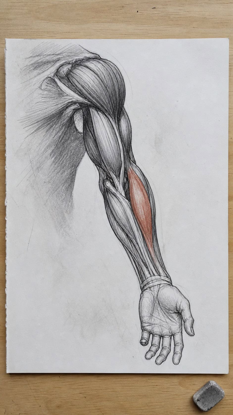 20 Challenging Drawing Ideas to Push Your Artistic Limits 32 Hand-drawn human anatomy study in mixed-media hand drawing on textured paper, shown in a straight overhead view — study 1