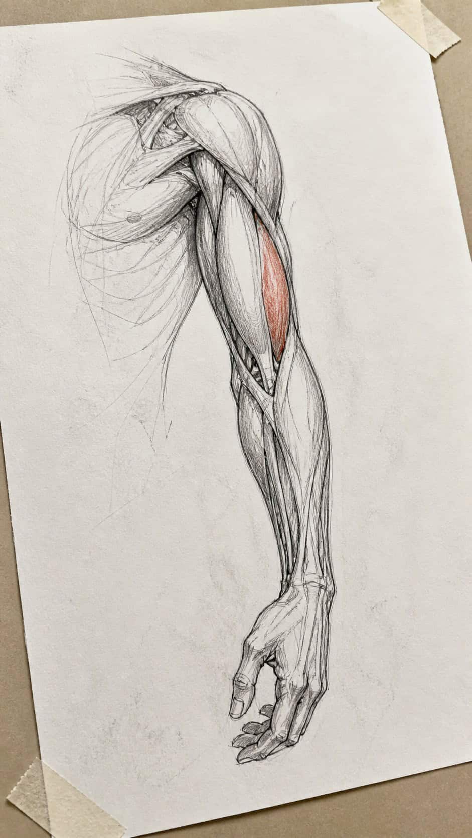 20 Challenging Drawing Ideas to Push Your Artistic Limits 33 Hand-drawn human anatomy study in mixed-media hand drawing on textured paper, shown in a gentle oblique desk view that shows paper — study 2