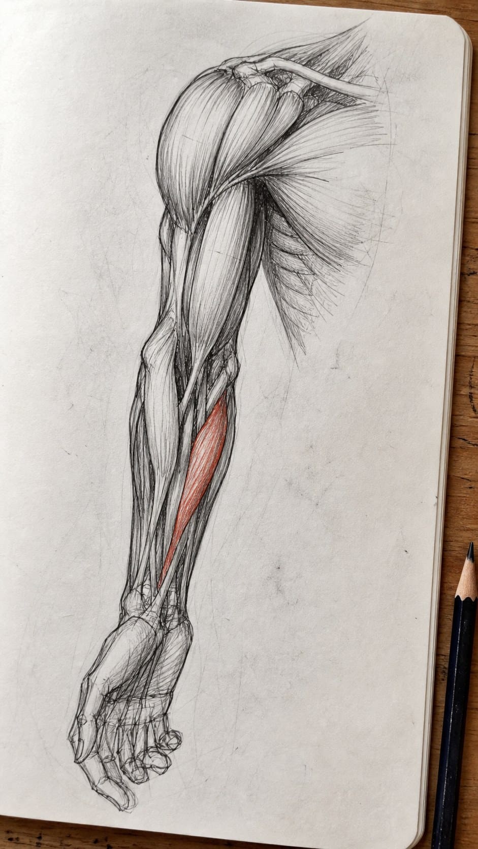 20 Challenging Drawing Ideas to Push Your Artistic Limits 34 Hand-drawn human anatomy study in mixed-media hand drawing on textured paper, shown in a close overhead crop — study 3