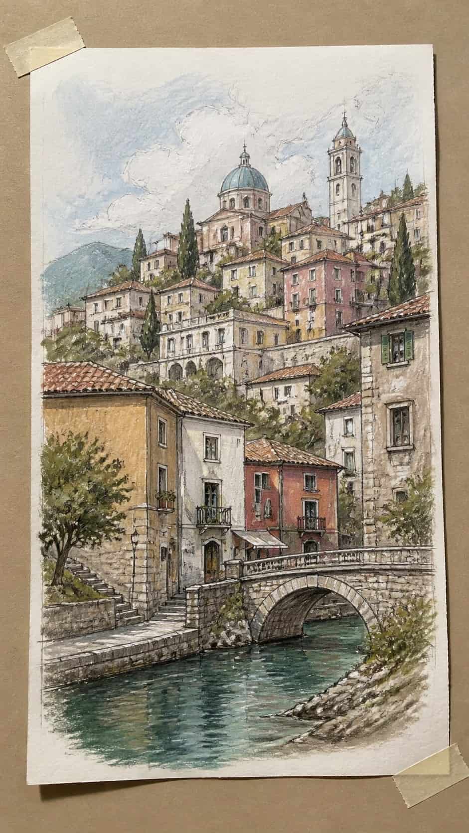 20 Challenging Drawing Ideas to Push Your Artistic Limits 35 Hand-drawn architectural landscape with multiple buildings in colored-pencil and gouache drawing on textured paper, shown in a — study 1