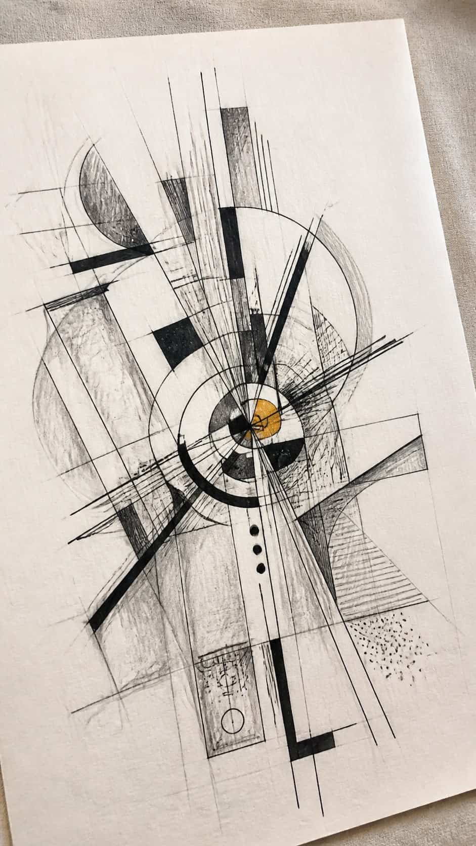20 Challenging Drawing Ideas to Push Your Artistic Limits 37 Hand-drawn complex abstract art in mixed-media hand drawing on textured paper, shown in a gentle oblique desk view that shows paper — study 1