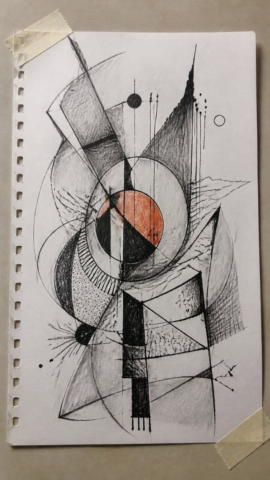 20 Challenging Drawing Ideas to Push Your Artistic Limits 39 Hand-drawn complex abstract art in mixed-media hand drawing on textured paper, shown in a slightly off-center overhead composition — study 3