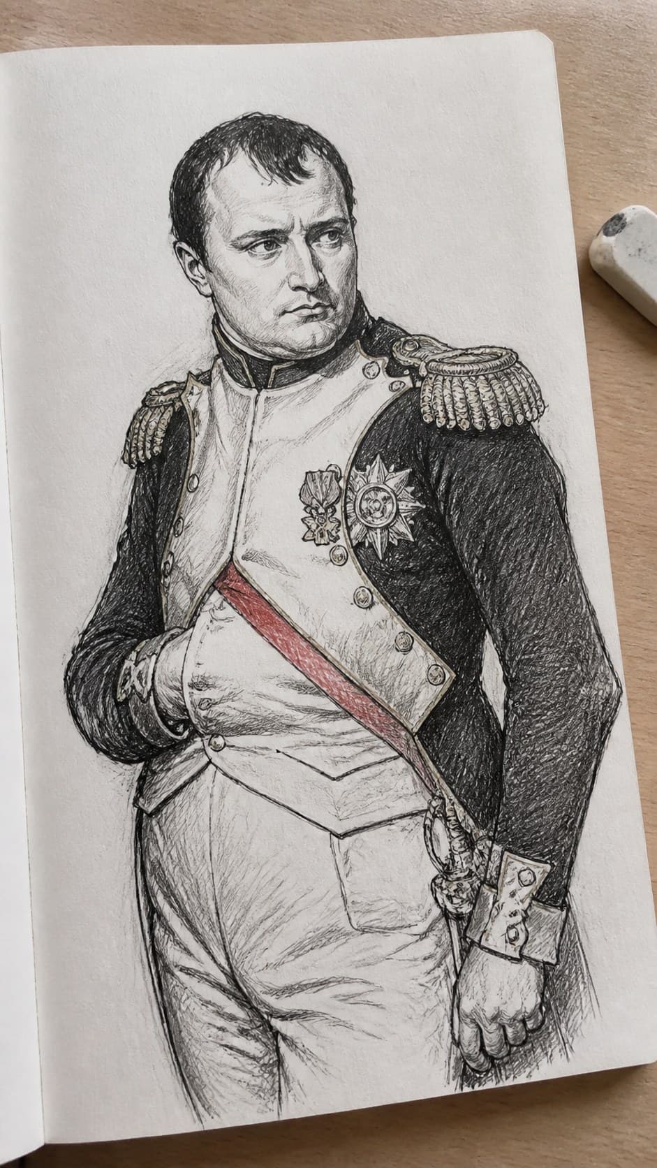 20 Challenging Drawing Ideas to Push Your Artistic Limits 40 Hand-drawn historical figure in period clothing in mixed-media hand drawing on textured paper, shown in a close overhead crop — study 1