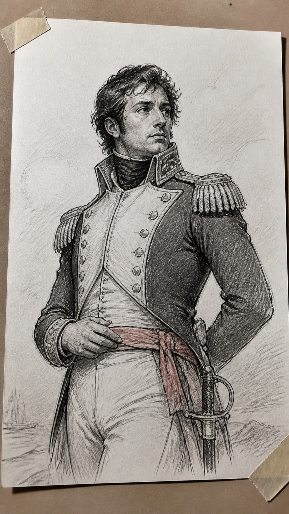 20 Challenging Drawing Ideas to Push Your Artistic Limits 41 Hand-drawn historical figure in period clothing in mixed-media hand drawing on textured paper, shown in a slightly off-center overhead — study 2