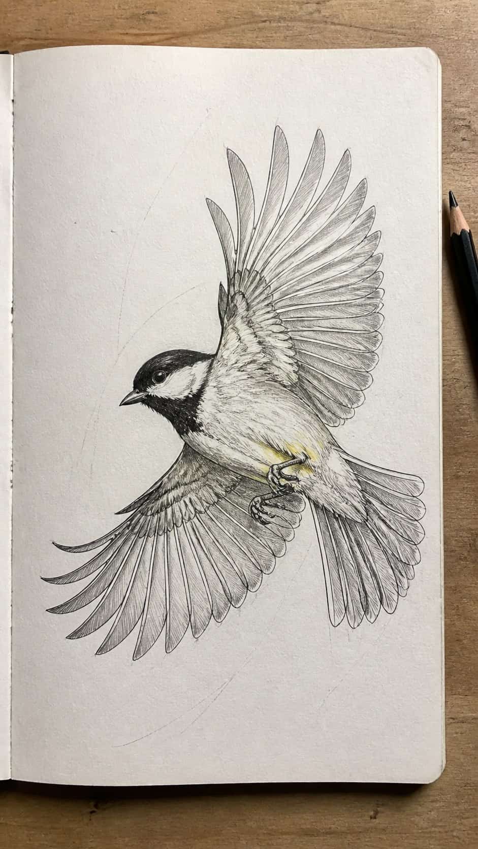 20 Challenging Drawing Ideas to Push Your Artistic Limits 43 Hand-drawn bird in flight in mixed-media hand drawing on textured paper, shown in a straight overhead view — study 2