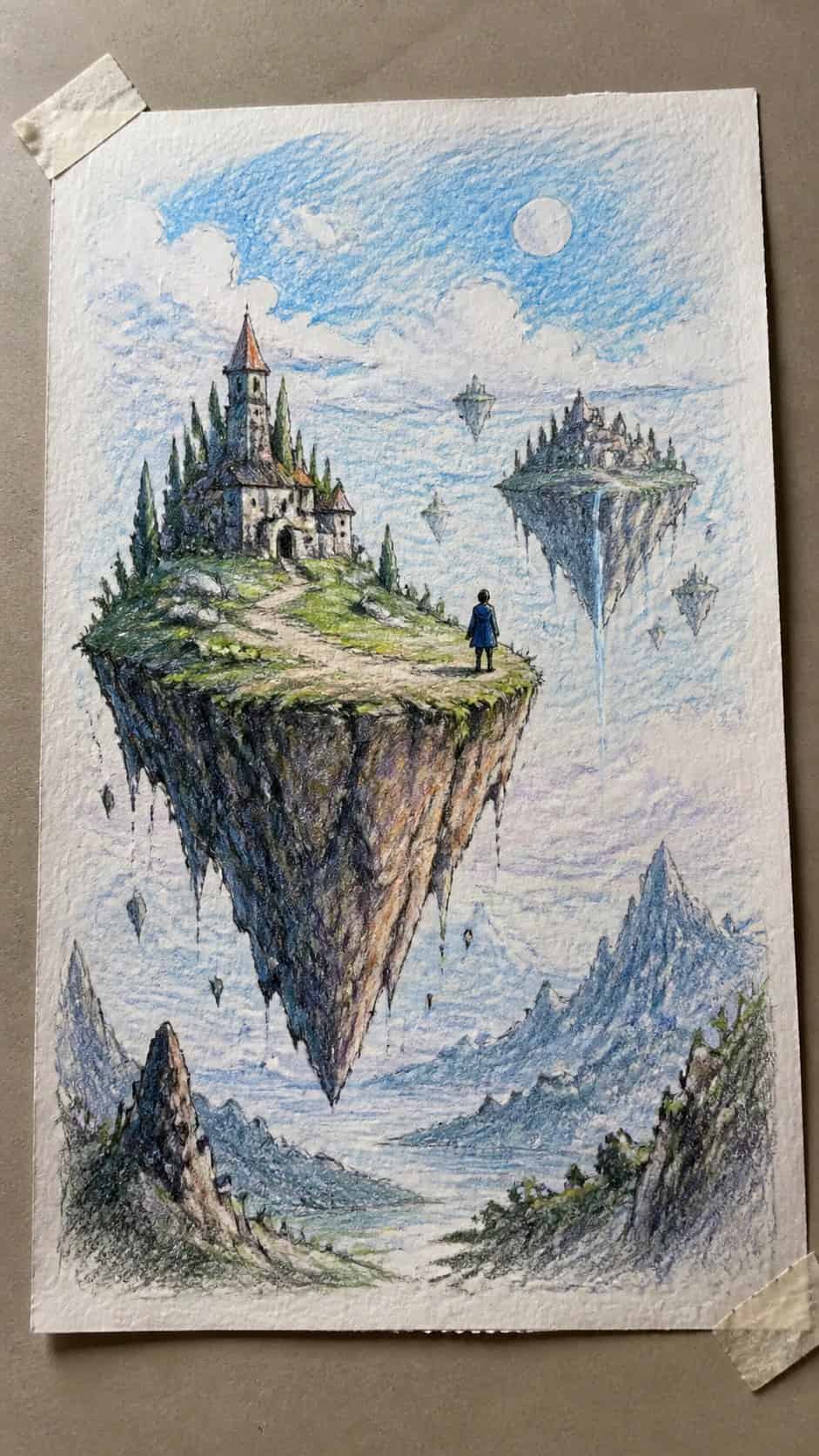 20 Challenging Drawing Ideas to Push Your Artistic Limits 45 Hand-drawn surreal landscape with floating islands in colored-pencil and gouache drawing on textured paper, shown in a slightly — study 2