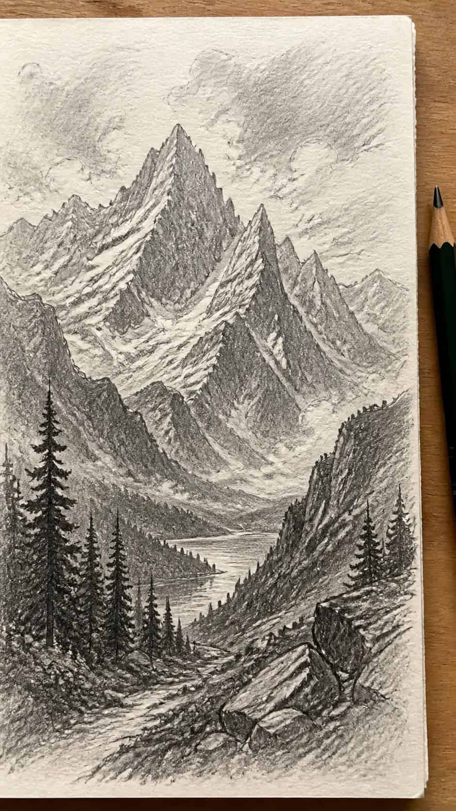 15 Landscape Drawing Ideas Worth Trying 2 Hand-drawn majestic mountain range in graphite drawing on textured paper, shown in a close overhead crop — study 1