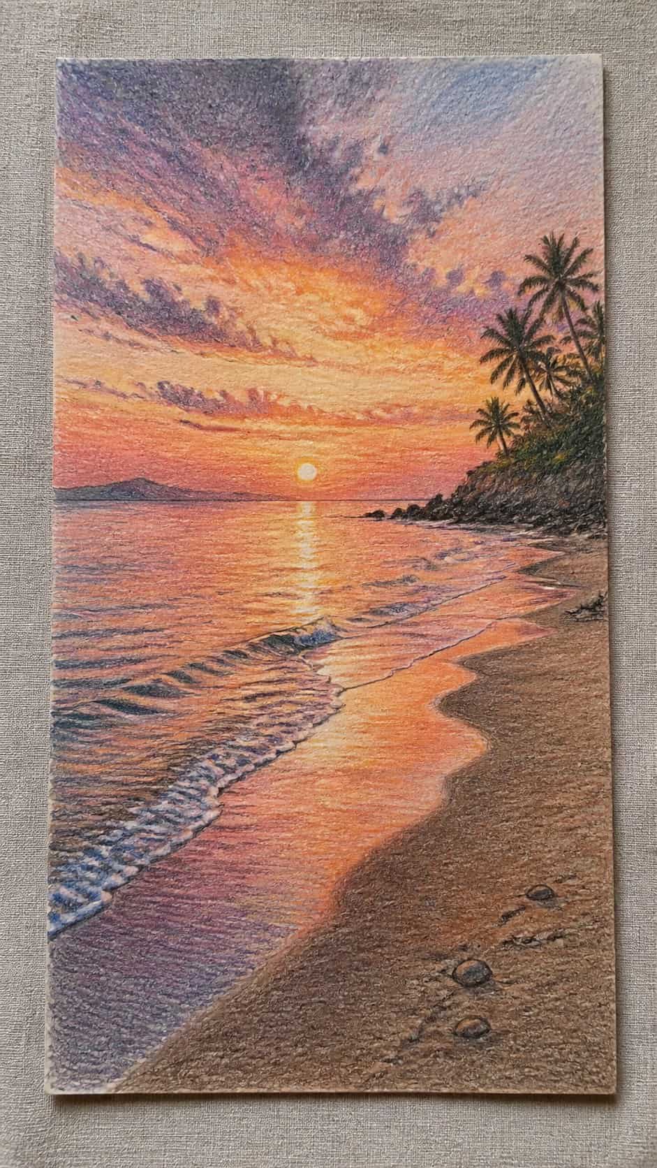 15 Landscape Drawing Ideas Worth Trying 5 Hand-drawn tranquil beach at sunset in colored-pencil and gouache drawing on textured paper, shown in a straight overhead view — study 2