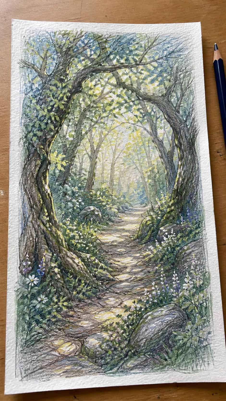 15 Landscape Drawing Ideas Worth Trying 7 Hand-drawn enchanted forest path in colored-pencil and gouache drawing on textured paper, shown in a slightly off-center overhead — study 2