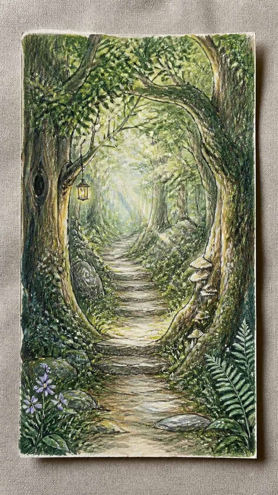 15 Landscape Drawing Ideas Worth Trying 8 Hand-drawn enchanted forest path in colored-pencil and gouache drawing on textured paper, shown in a straight overhead view — study 3