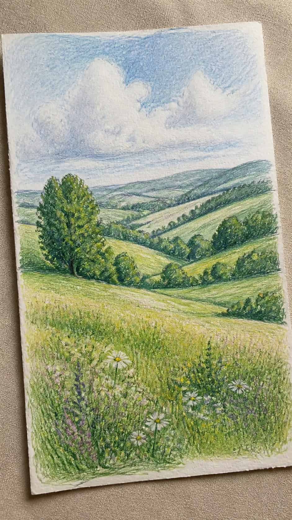 15 Landscape Drawing Ideas Worth Trying 10 Hand-drawn rolling hills and meadows in colored-pencil and gouache drawing on textured paper, shown in a gentle oblique desk view that — study 2