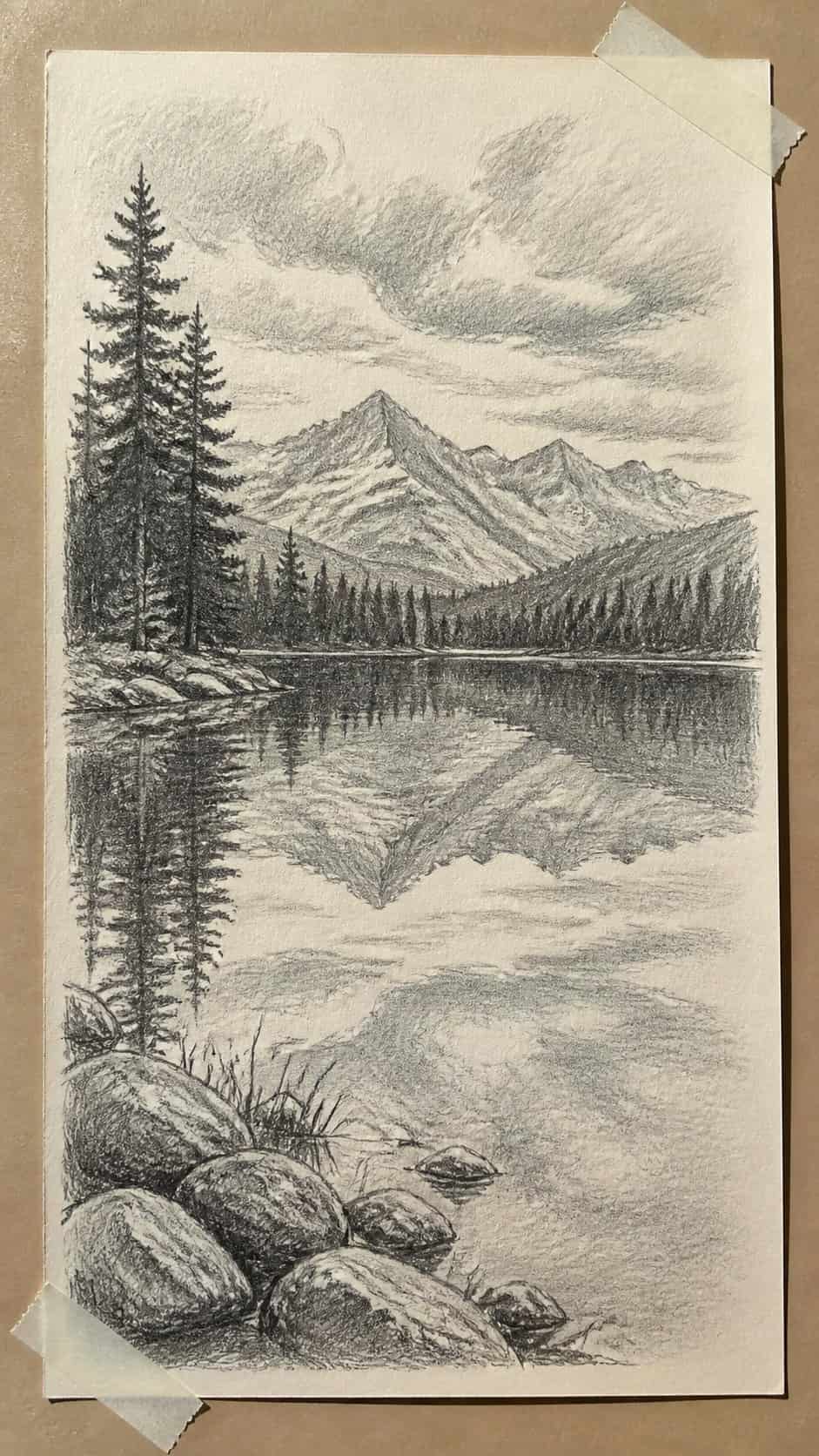 15 Landscape Drawing Ideas Worth Trying 11 Hand-drawn serene lake reflection in graphite drawing on textured paper, shown in a close overhead crop — study 1