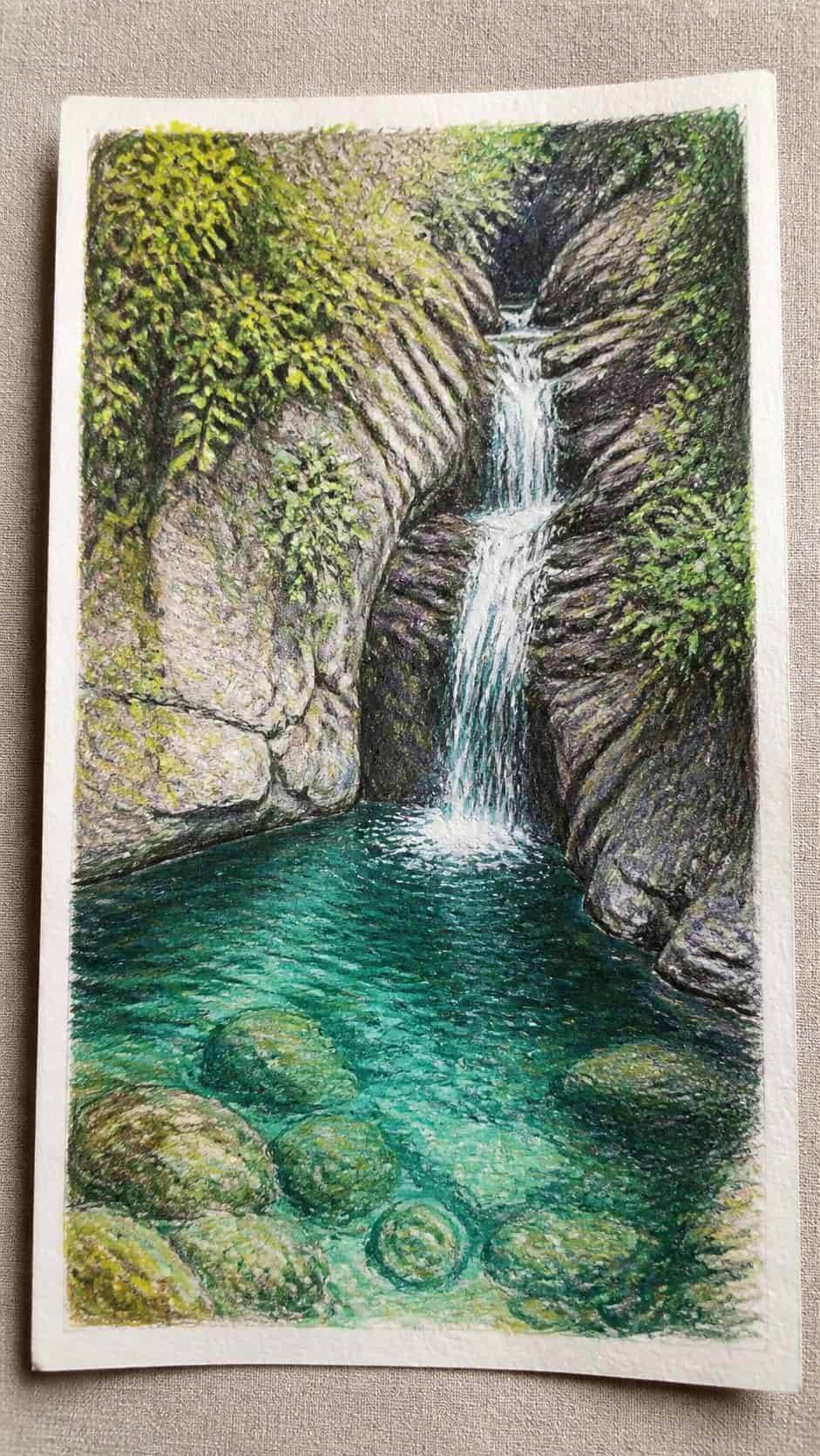 15 Landscape Drawing Ideas Worth Trying 15 Hand-drawn hidden waterfall in colored-pencil and gouache drawing on textured paper, shown in a slightly off-center overhead — study 2