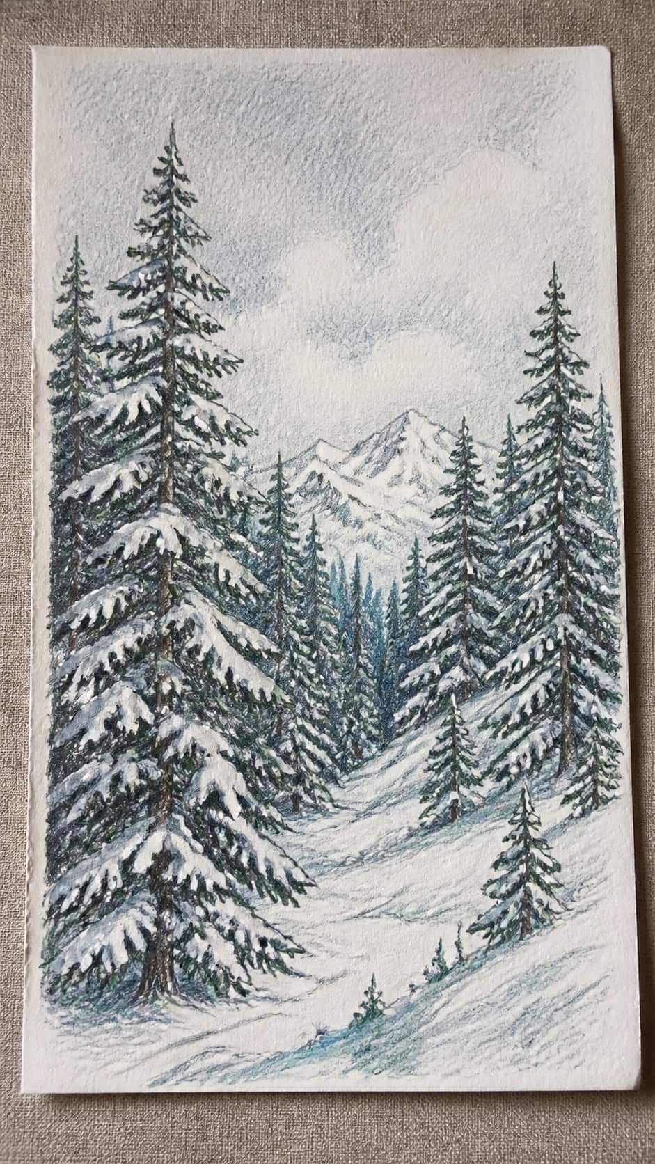 15 Landscape Drawing Ideas Worth Trying 19 Hand-drawn snow-covered pine forest in colored-pencil and gouache drawing on textured paper, shown in a close overhead crop — study 1