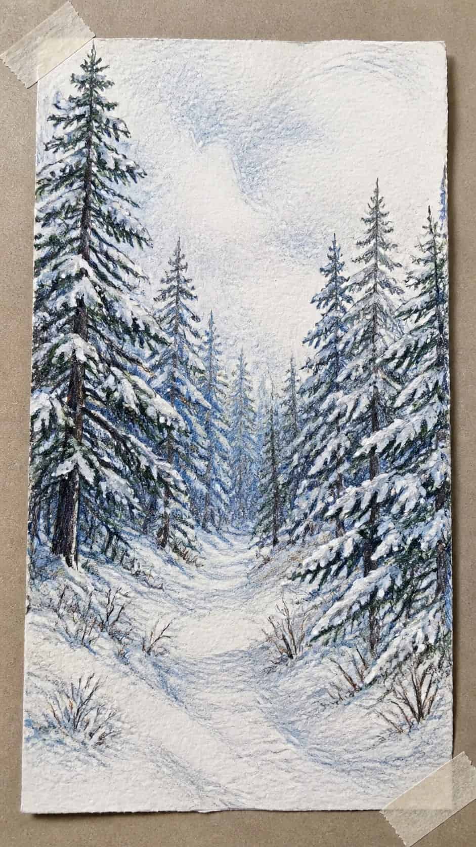 15 Landscape Drawing Ideas Worth Trying 21 Hand-drawn snow-covered pine forest in colored-pencil and gouache drawing on textured paper, shown in a straight overhead view — study 3