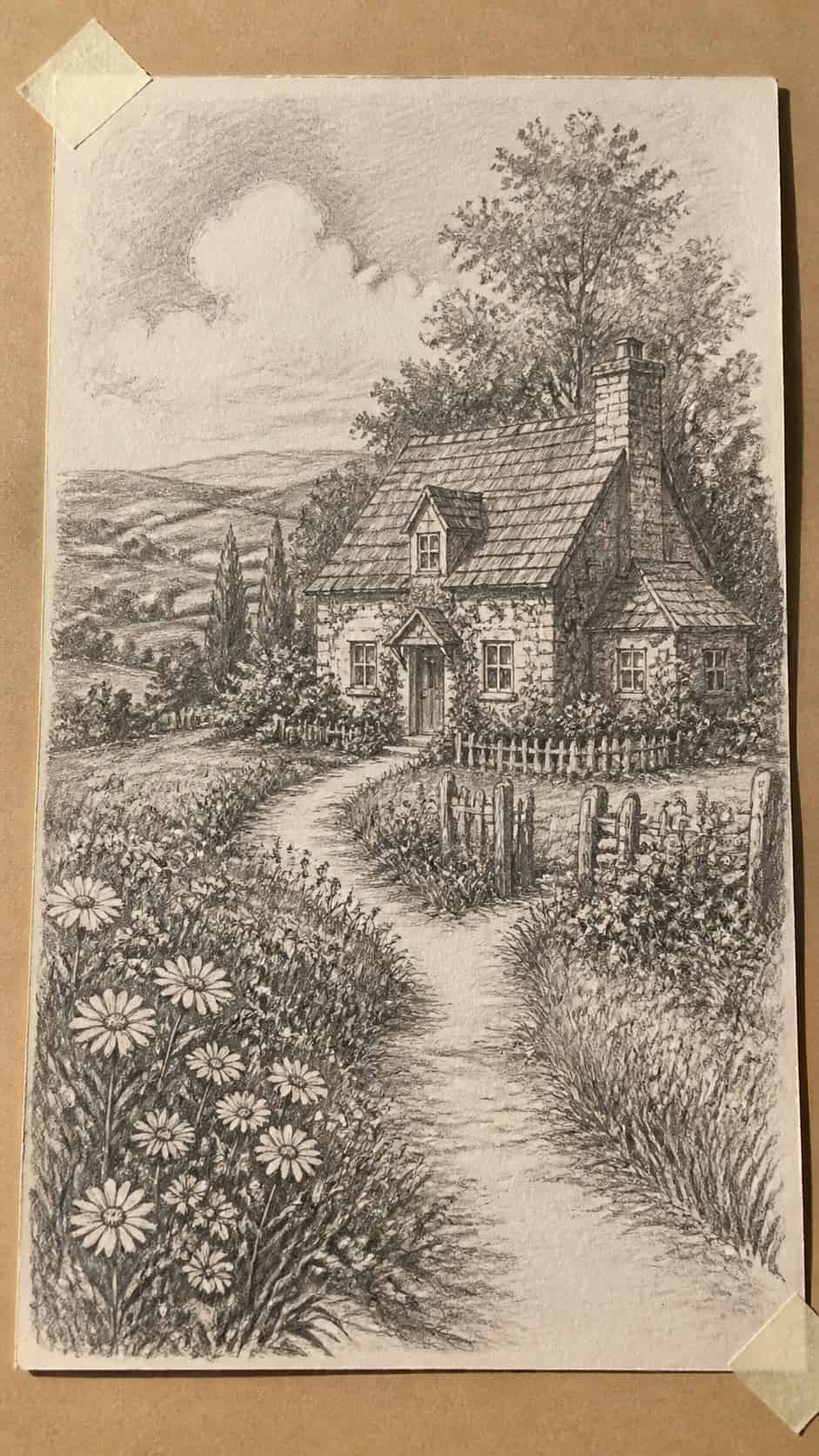 15 Landscape Drawing Ideas Worth Trying 25 Hand-drawn idyllic countryside cottage in graphite drawing on textured paper, shown in a straight overhead view — study 1
