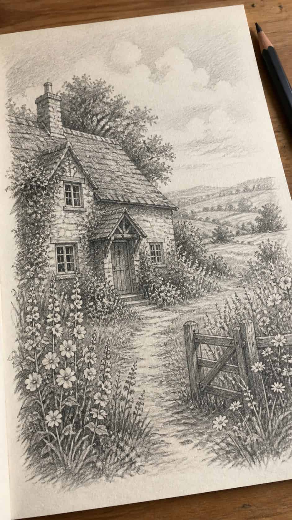 15 Landscape Drawing Ideas Worth Trying 26 Hand-drawn idyllic countryside cottage in graphite drawing on textured paper, shown in a gentle oblique desk view that shows paper — study 2