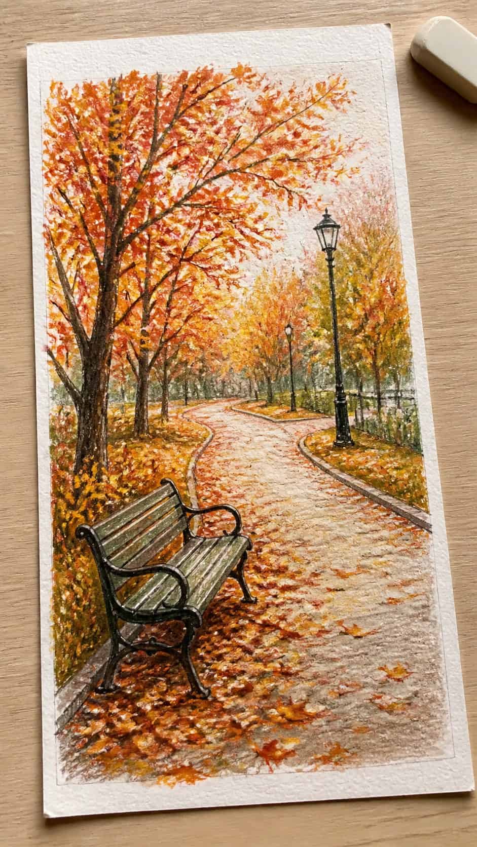 15 Landscape Drawing Ideas Worth Trying 29 Hand-drawn autumn park scene in colored-pencil and gouache drawing on textured paper, shown in a slightly off-center overhead — study 1